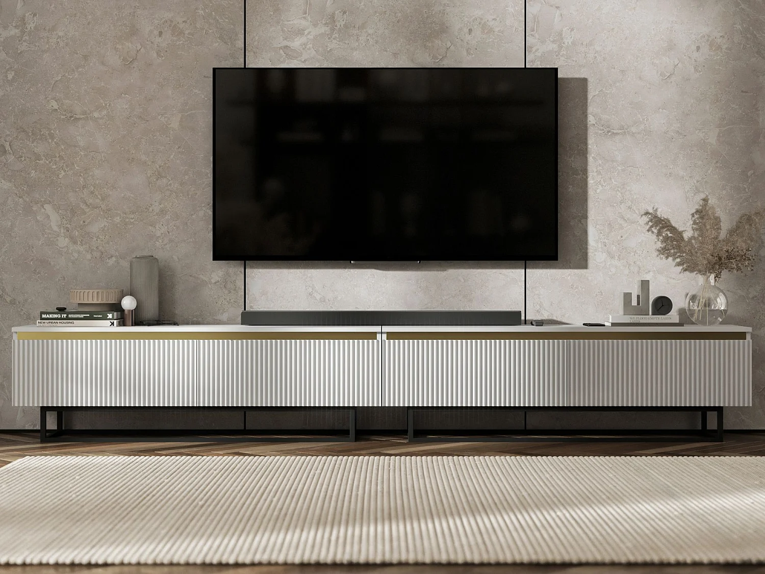 Meuble TV avec 4 portes - Corps Blanc mat, façades rainurées Blanc mat - 280 cm, Cadre en métal noir
