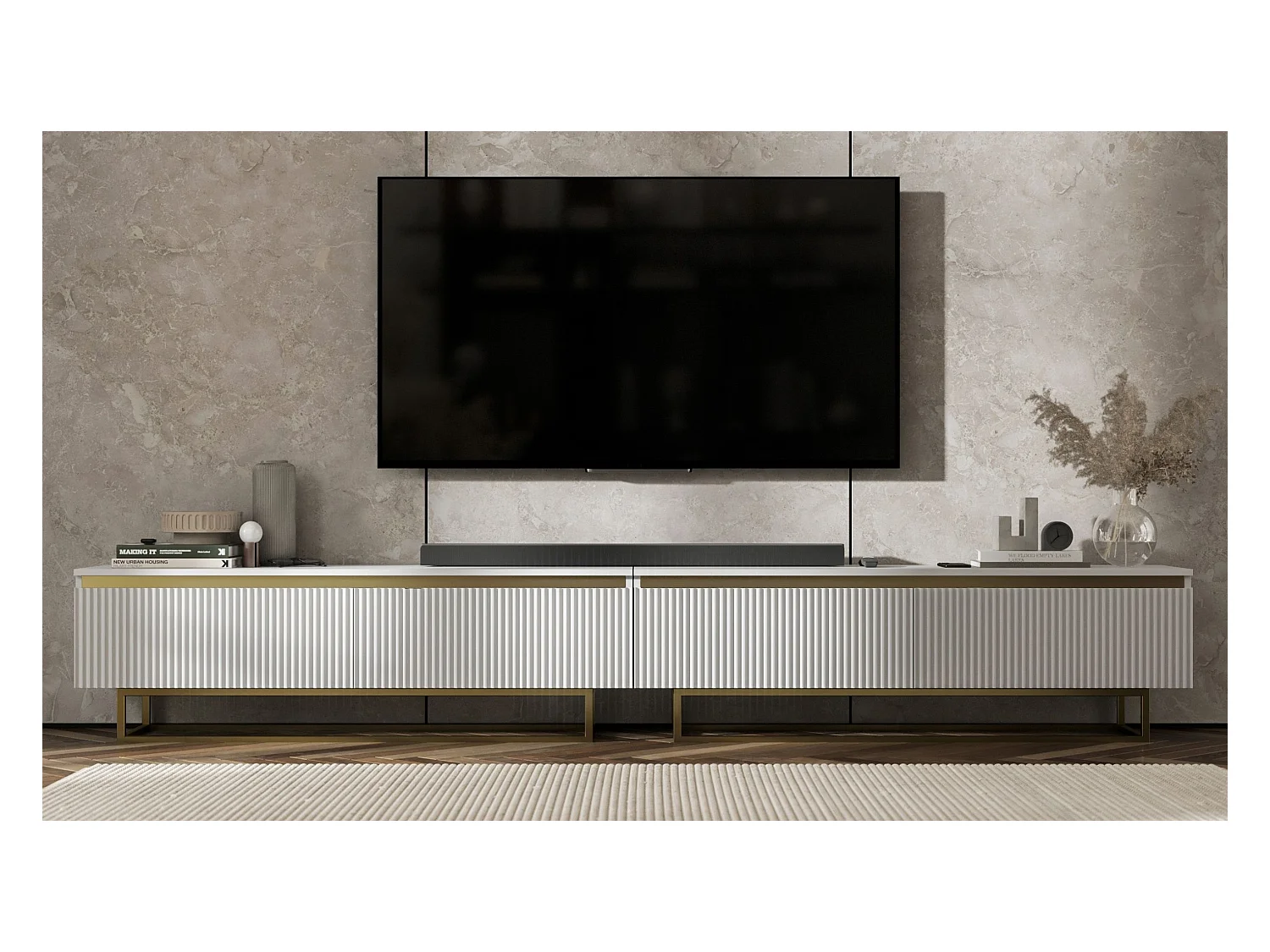 Meuble TV avec 4 portes - Corps Blanc mat, façades rainurées Blanc mat - 280 cm, Cadre en métal doré