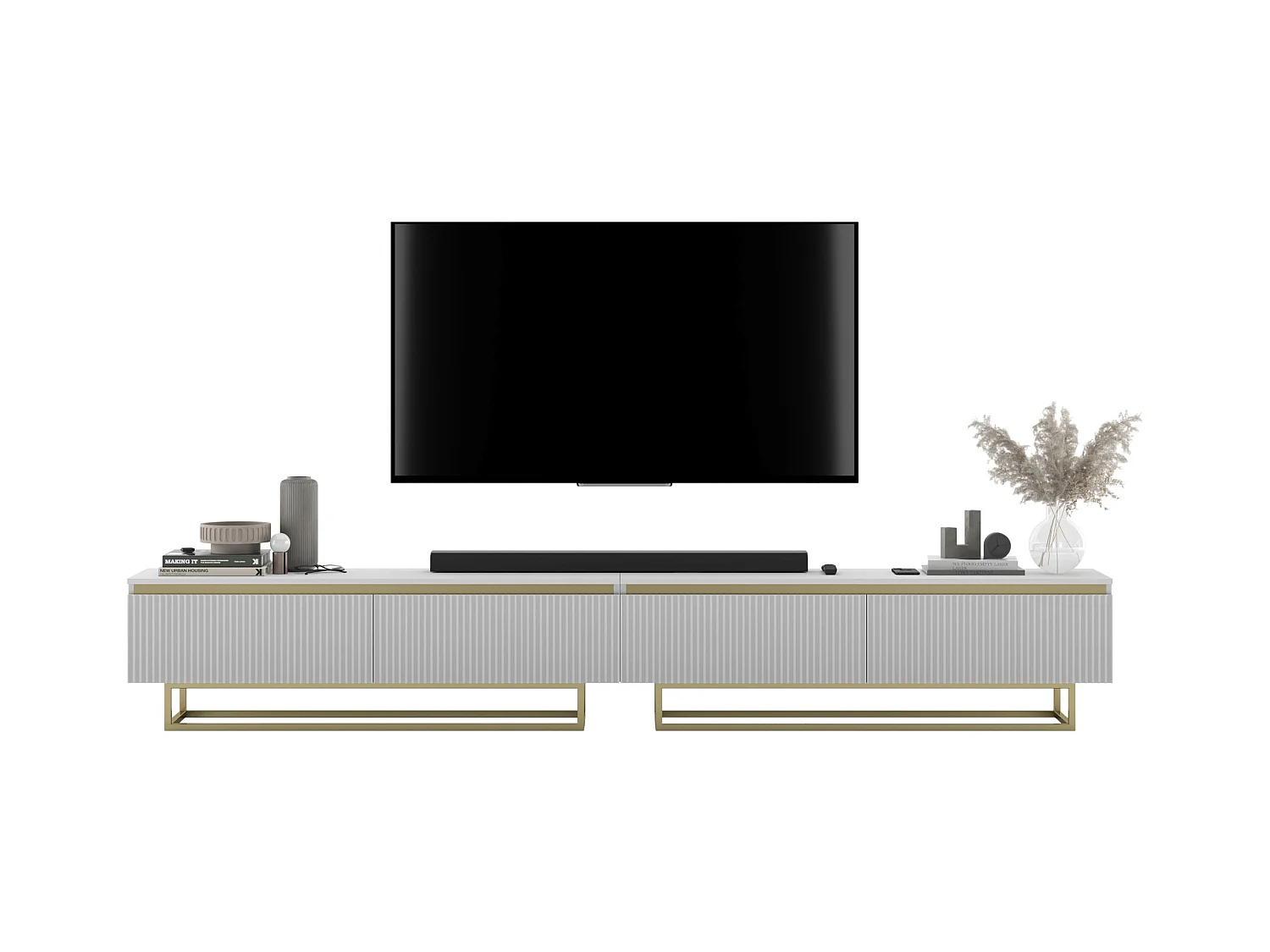 Meuble TV avec 4 portes - Corps Blanc mat, façades rainurées Blanc mat - 280 cm, Cadre en métal doré