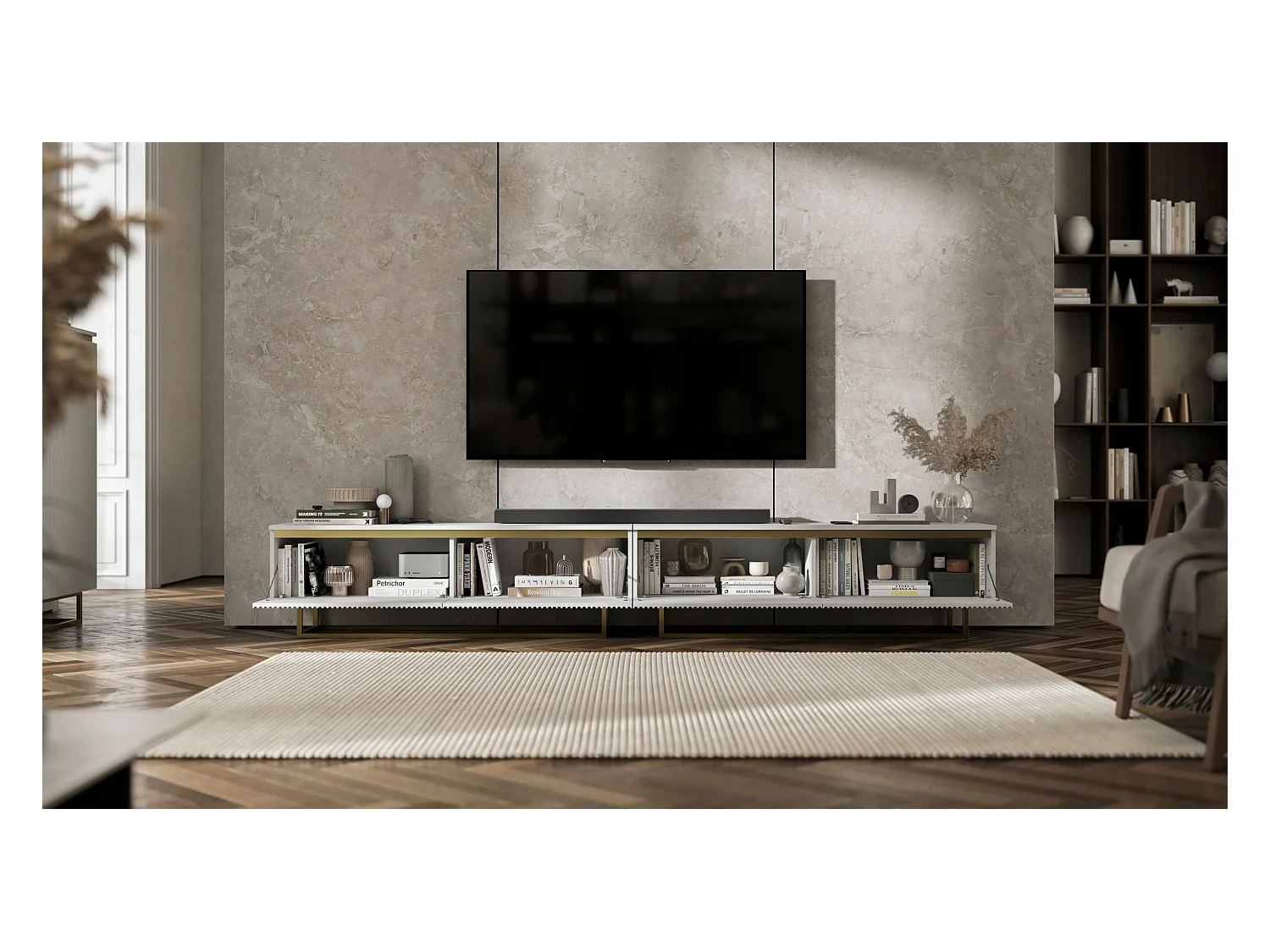 Meuble TV avec 4 portes - Corps Blanc mat, façades rainurées Blanc mat - 280 cm, Cadre en métal doré