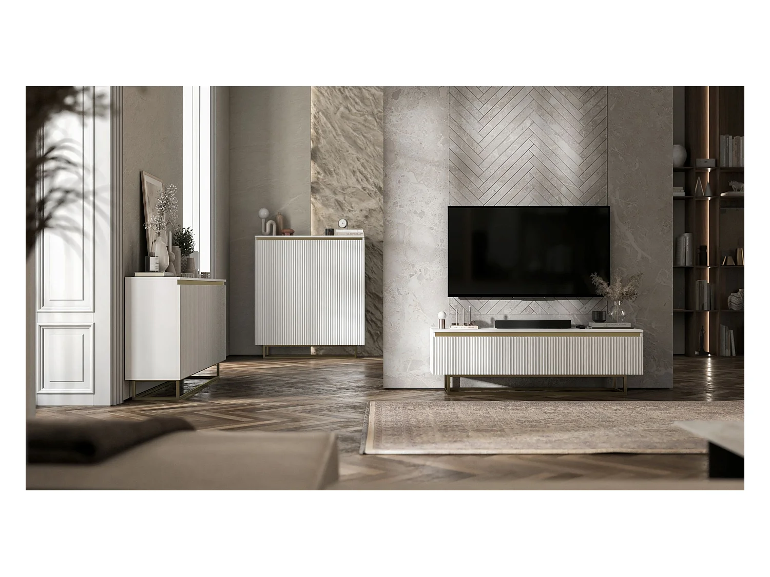 Meuble TV avec 4 portes - Corps Blanc mat, façades rainurées Blanc mat - 280 cm, Cadre en métal doré
