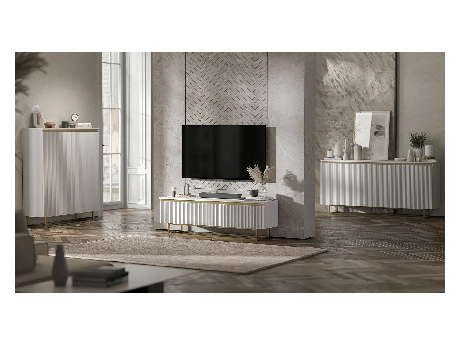 Meuble TV avec 4 portes - Corps Blanc mat, façades rainurées Blanc mat - 280 cm, Cadre en métal doré