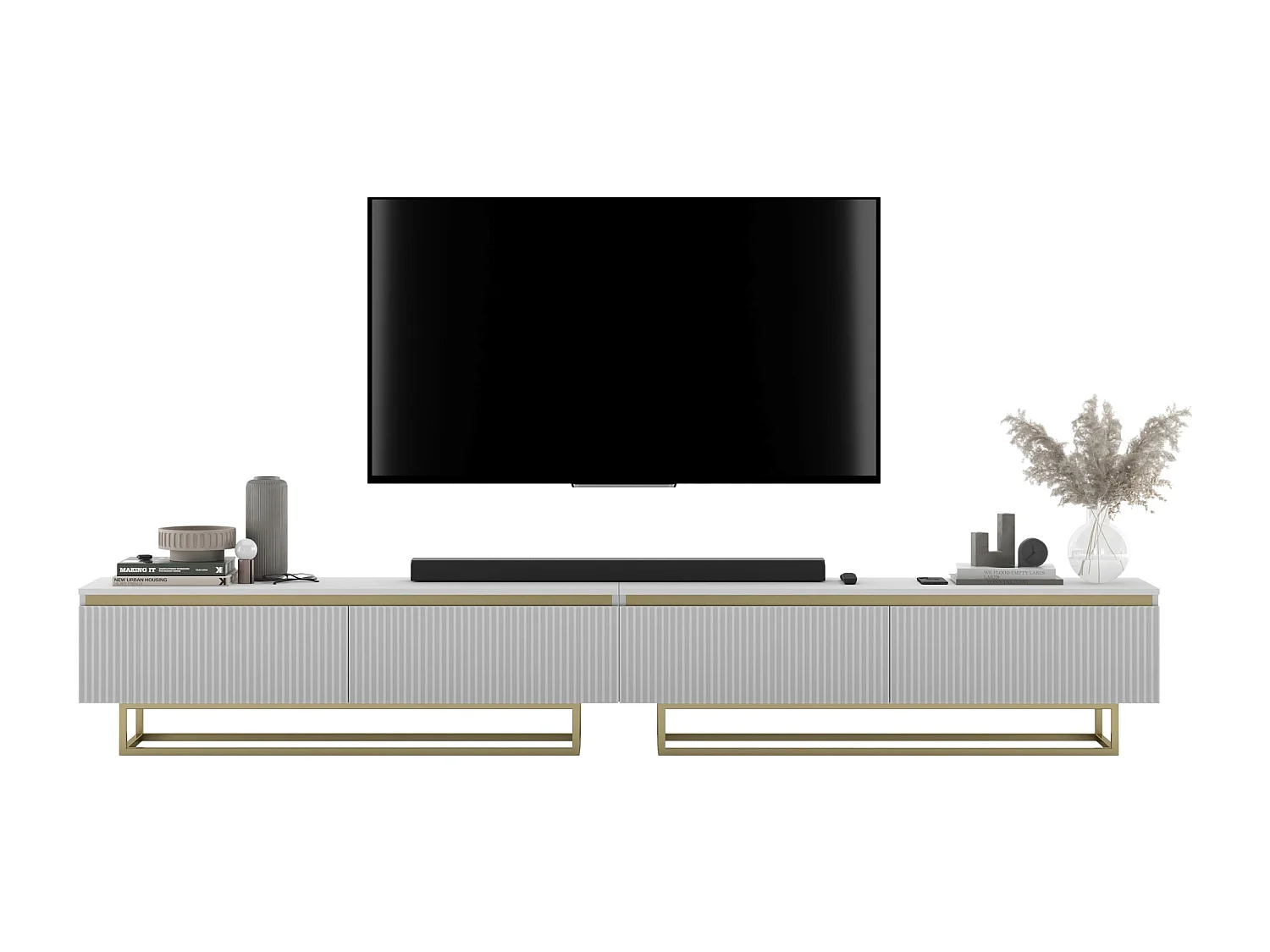 Meuble TV avec 4 portes - Corps Blanc mat, façades rainurées Blanc mat - 240 cm, Cadre en métal doré