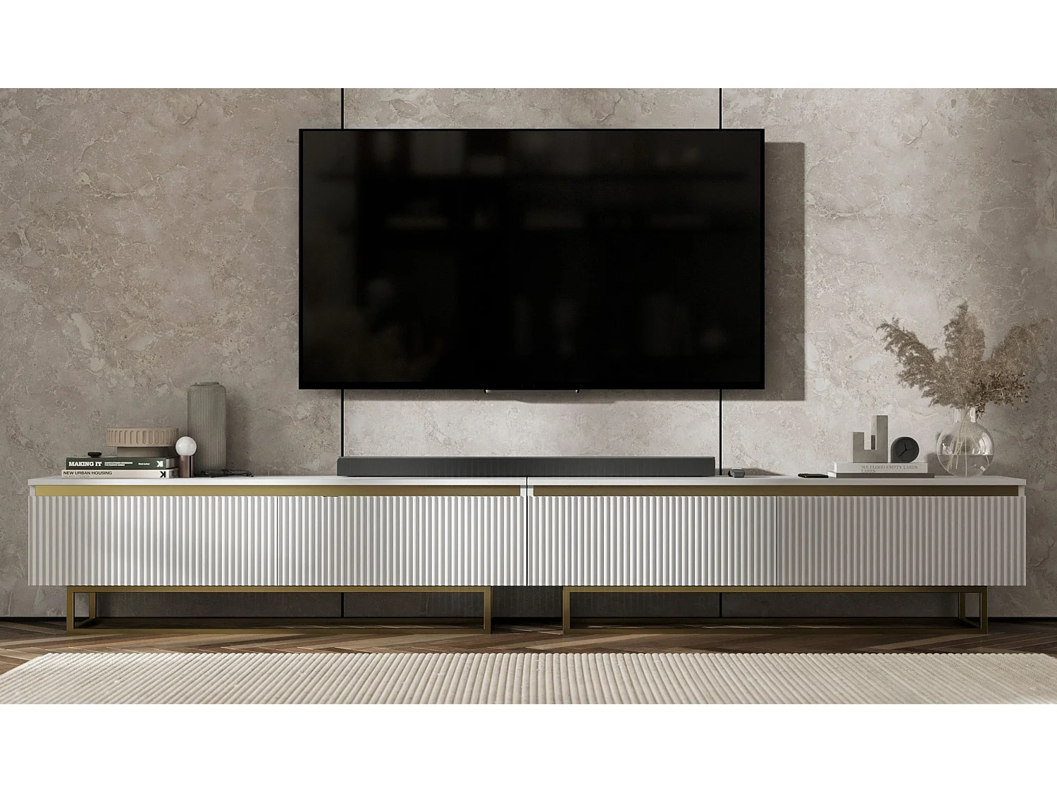 Meuble TV avec 4 portes - Corps Blanc mat, façades rainurées Blanc mat - 240 cm, Cadre en métal doré