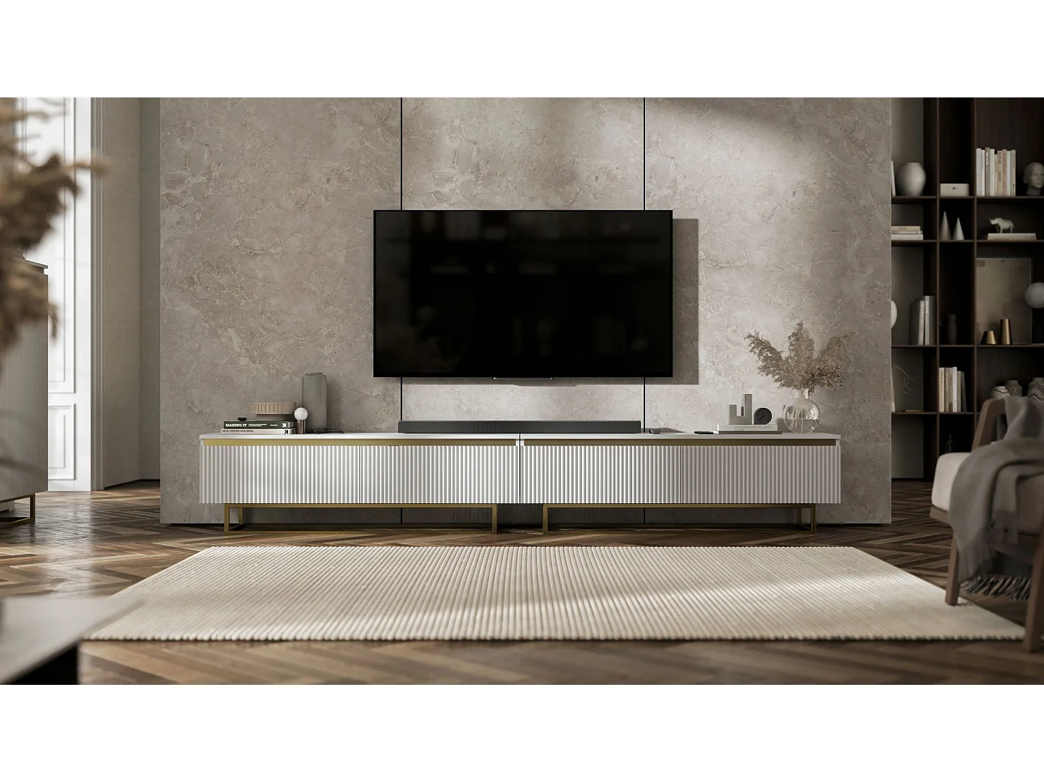 Meuble TV avec 4 portes - Corps Blanc mat, façades rainurées Blanc mat - 240 cm, Cadre en métal doré