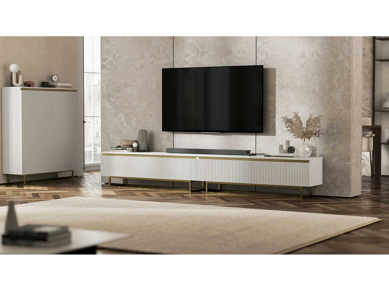 Meuble TV avec 4 portes - Corps Blanc mat, façades rainurées Blanc mat - 240 cm, Cadre en métal doré