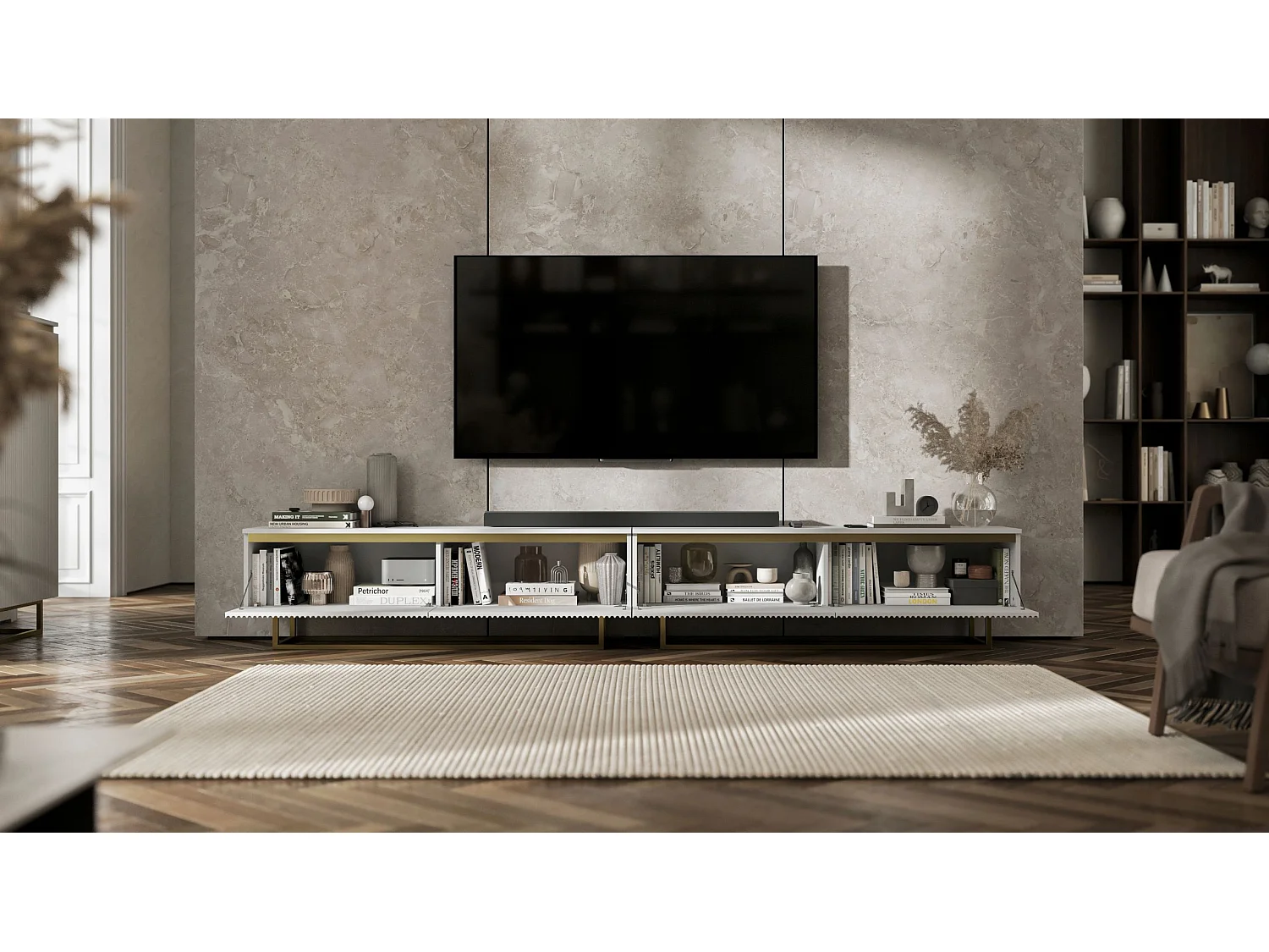 Meuble TV avec 4 portes - Corps Blanc mat, façades rainurées Blanc mat - 240 cm, Cadre en métal doré