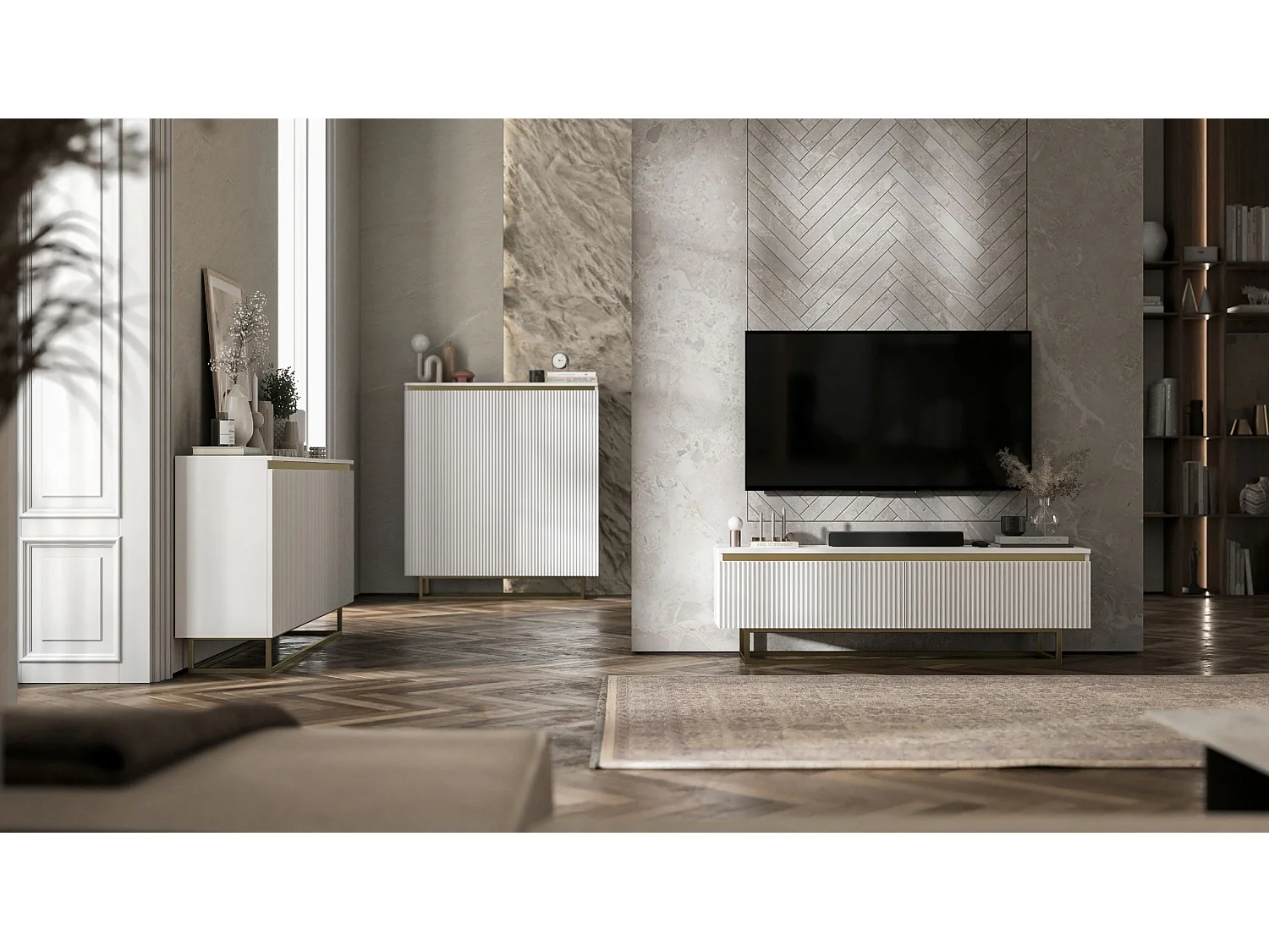 Meuble TV avec 4 portes - Corps Blanc mat, façades rainurées Blanc mat - 240 cm, Cadre en métal doré