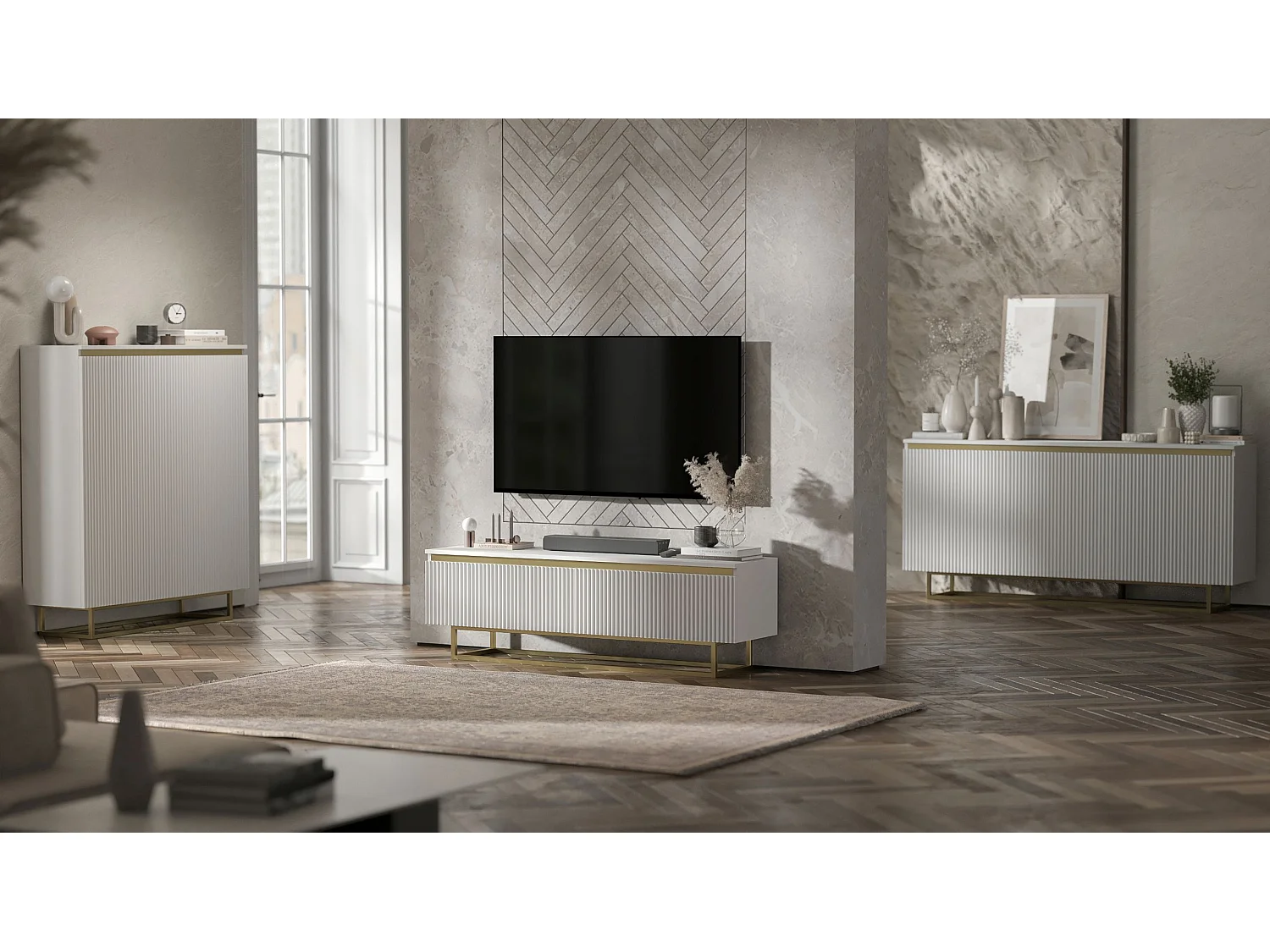 Meuble TV avec 4 portes - Corps Blanc mat, façades rainurées Blanc mat - 240 cm, Cadre en métal doré