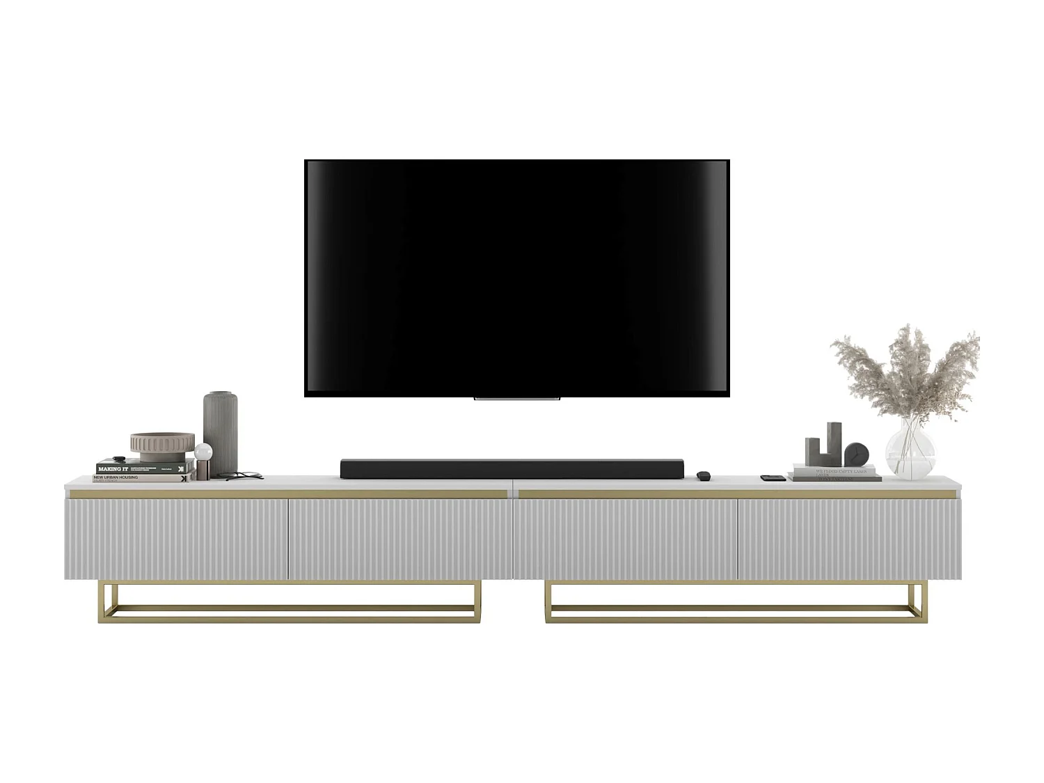 Meuble TV avec 4 portes - Corps Blanc mat, façades rainurées Blanc mat - 240 cm, Cadre en métal doré