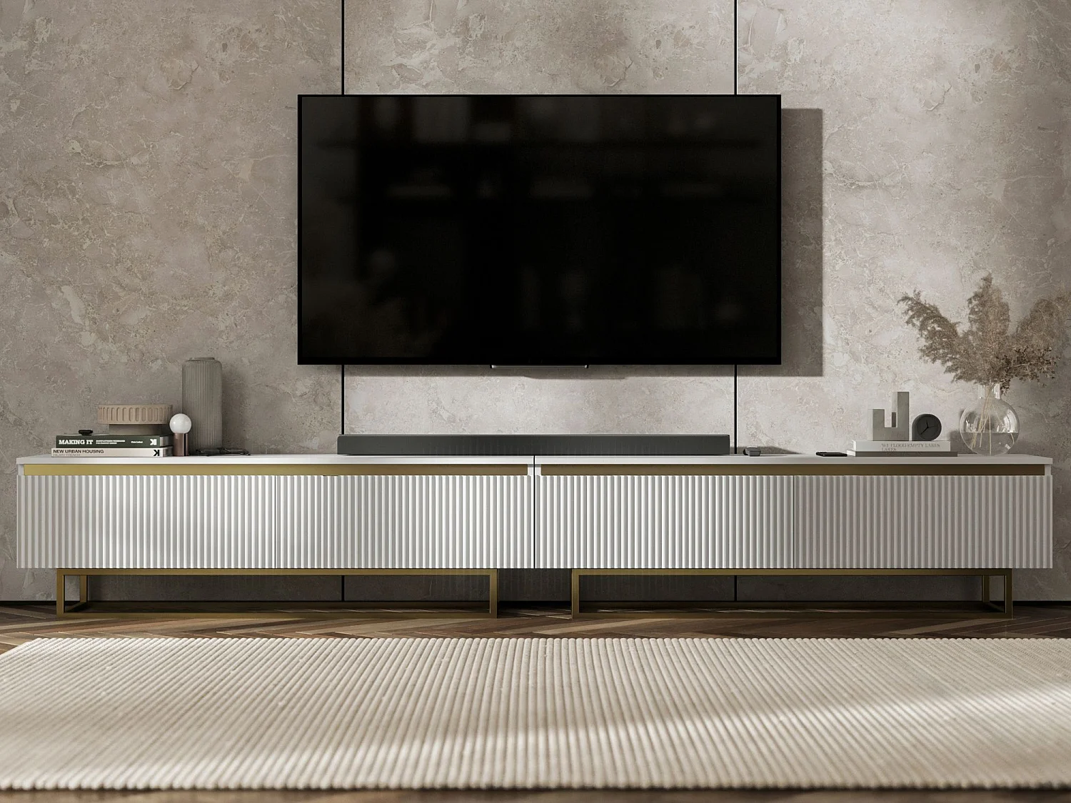 Meuble TV avec 4 portes - Corps Blanc mat, façades rainurées Blanc mat - 240 cm, Cadre en métal doré