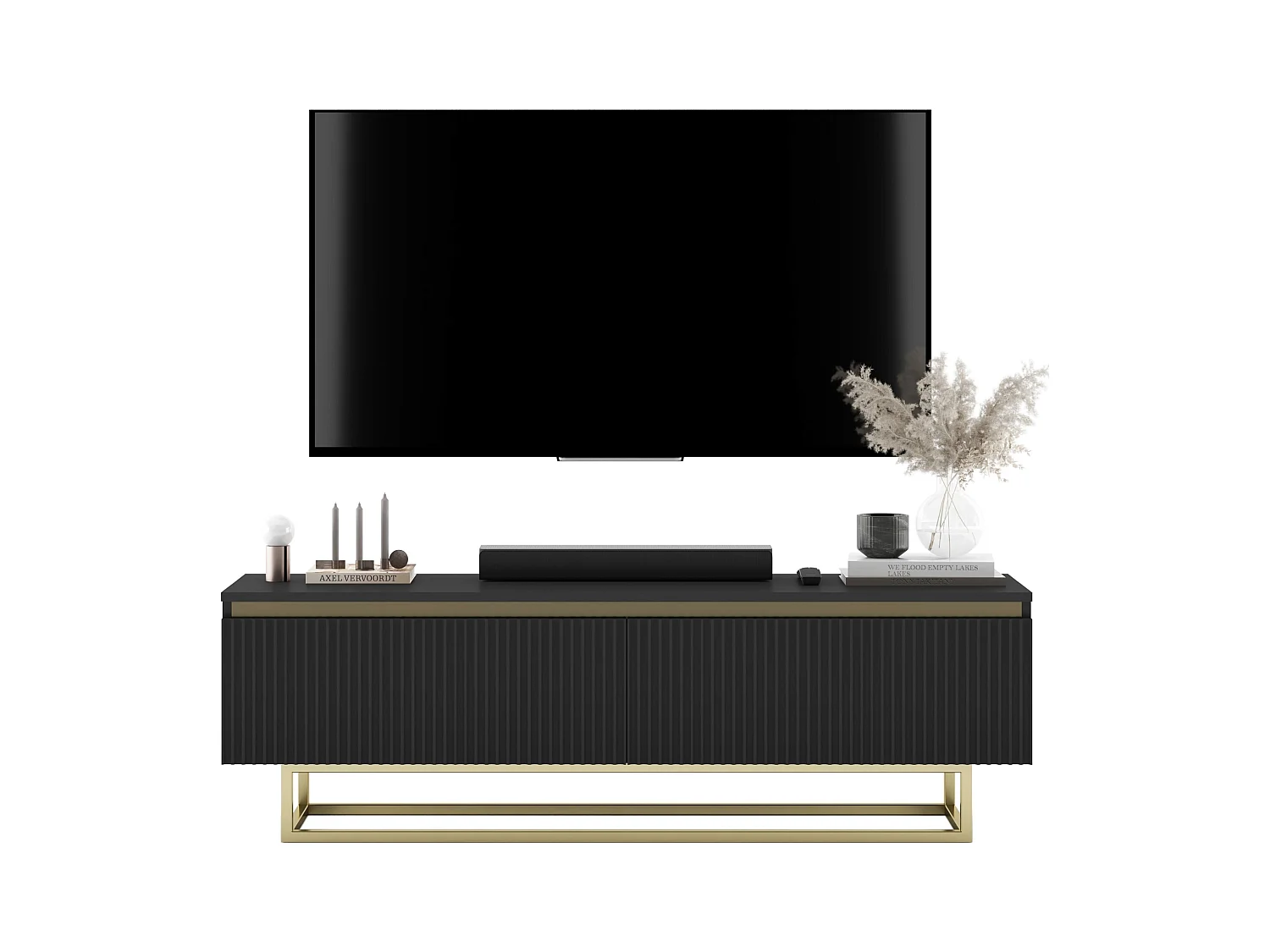 Meuble TV avec 2 portes - Corps Noir mat, façades rainurées Noir mat - 140 cm, Cadre en métal doré