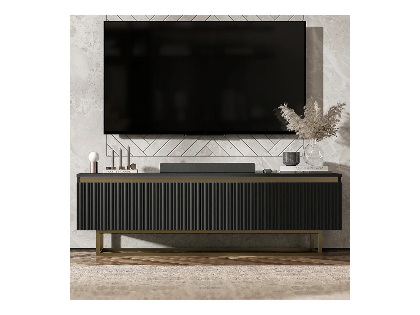 Meuble TV avec 2 portes - Corps Noir mat, façades rainurées Noir mat - 140 cm, Cadre en métal doré