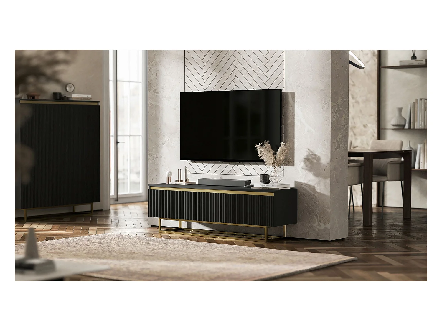 Meuble TV avec 2 portes - Corps Noir mat, façades rainurées Noir mat - 140 cm, Cadre en métal doré