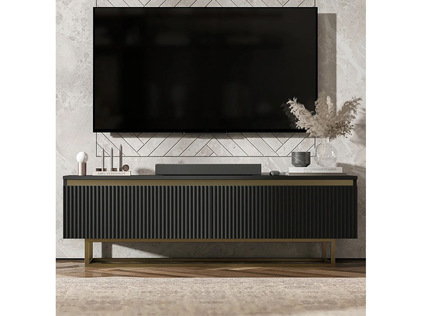 Meuble TV avec 2 portes - Corps Noir mat, façades rainurées Noir mat - 140 cm, Cadre en métal doré