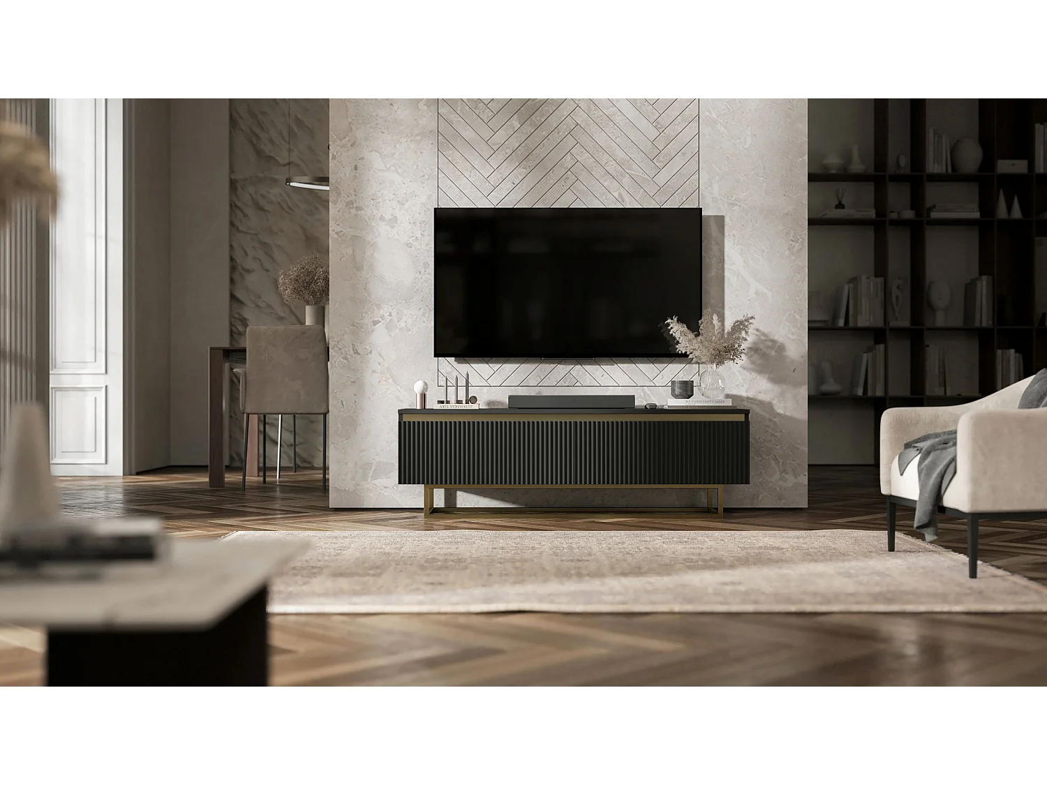 Meuble TV avec 2 portes - Corps Noir mat, façades rainurées Noir mat - 140 cm, Cadre en métal doré