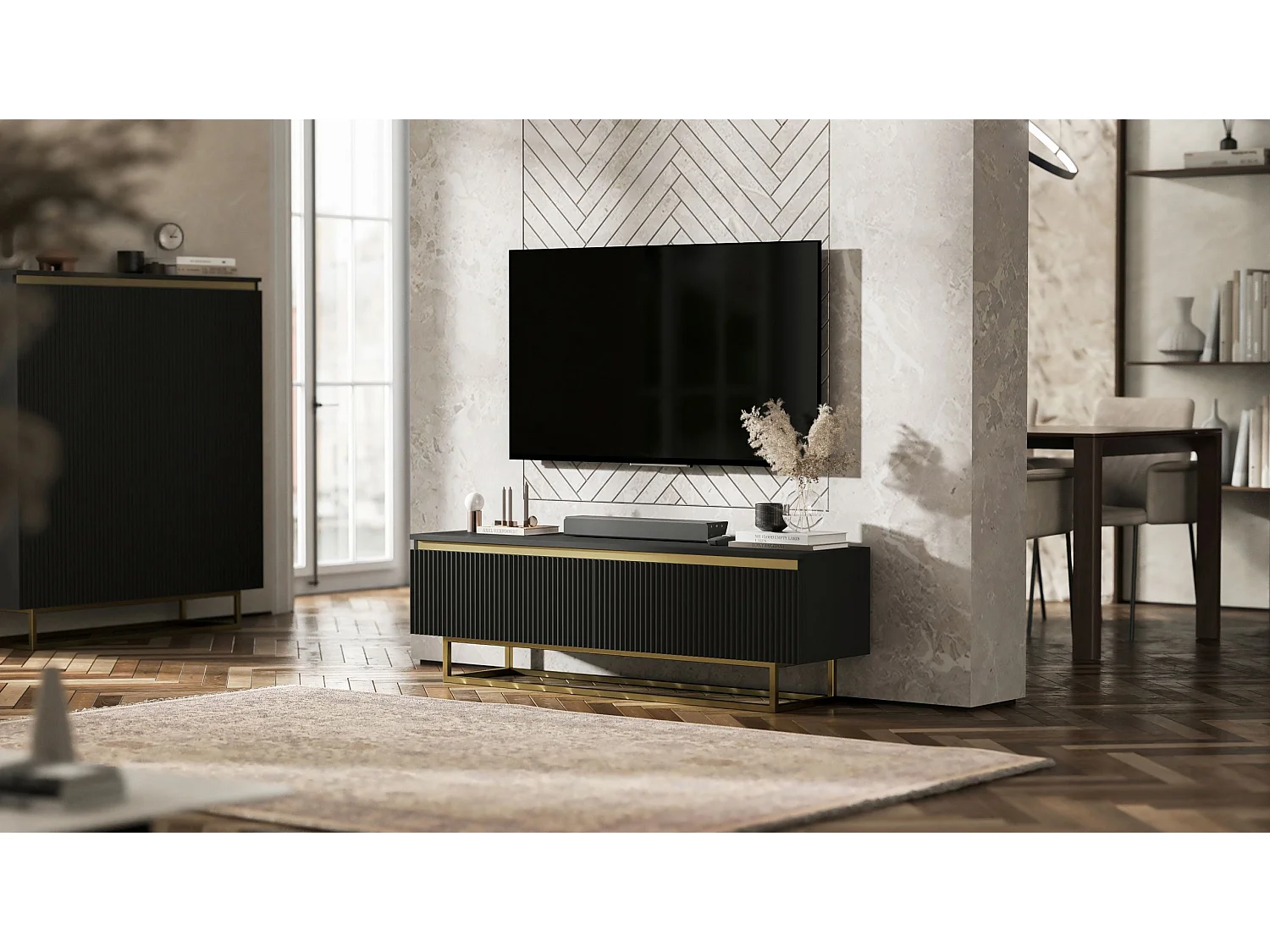Meuble TV avec 2 portes - Corps Noir mat, façades rainurées Noir mat - 140 cm, Cadre en métal doré