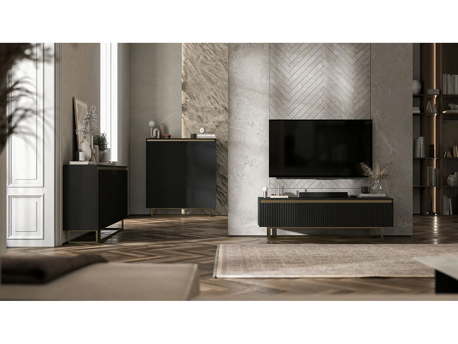 Meuble TV avec 2 portes - Corps Noir mat, façades rainurées Noir mat - 140 cm, Cadre en métal doré