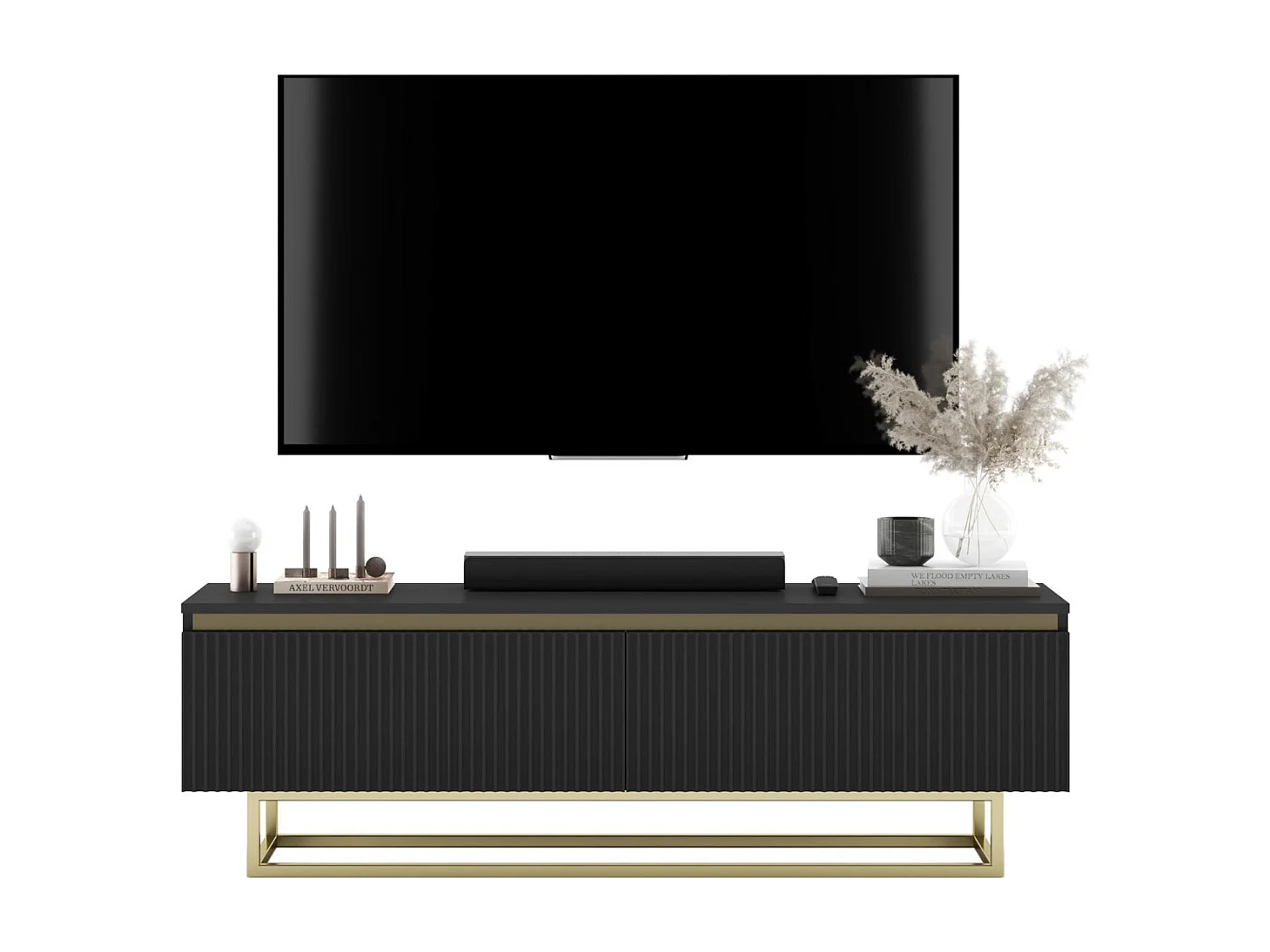 Meuble TV avec 2 portes - Corps Noir mat, façades rainurées Noir mat - 140 cm, Cadre en métal doré