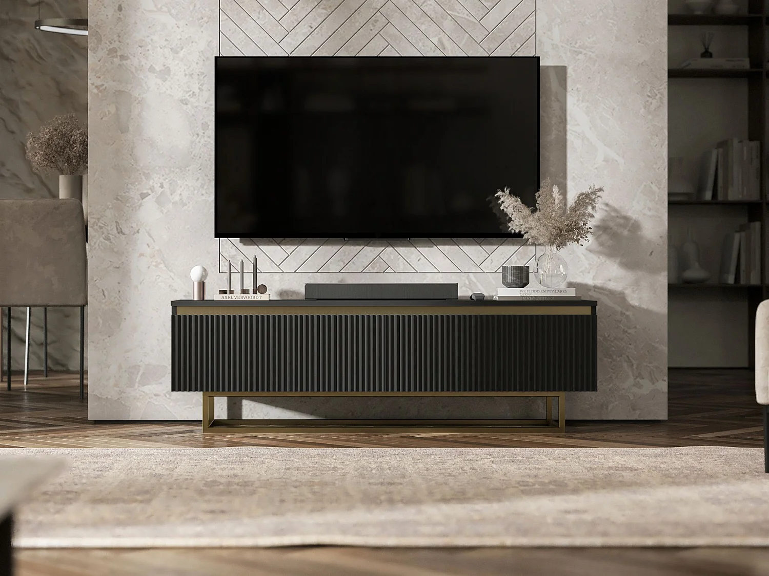 Meuble TV avec 2 portes - Corps Noir mat, façades rainurées Noir mat - 140 cm, Cadre en métal doré