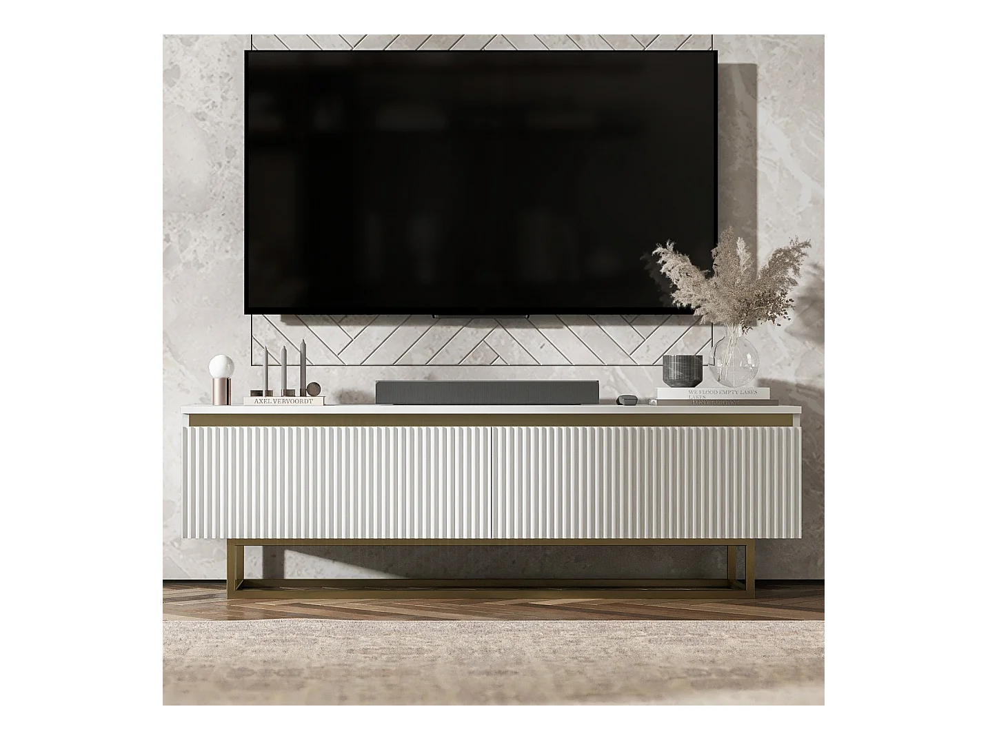 Meuble TV avec 2 portes - Corps Blanc mat, façades rainurées Blanc mat - 140 cm, Cadre en métal doré