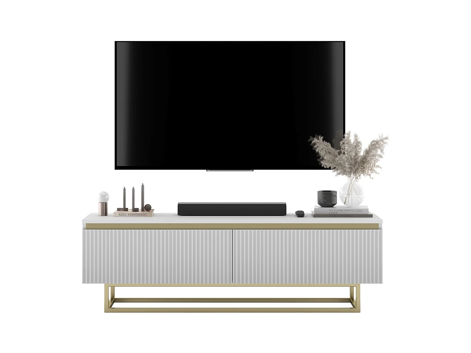 Meuble TV avec 2 portes - Corps Blanc mat, façades rainurées Blanc mat - 140 cm, Cadre en métal doré