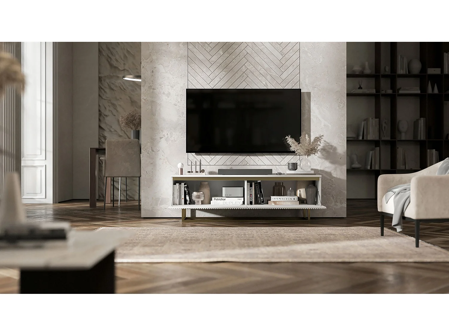 Meuble TV avec 2 portes - Corps Blanc mat, façades rainurées Blanc mat - 140 cm, Cadre en métal doré