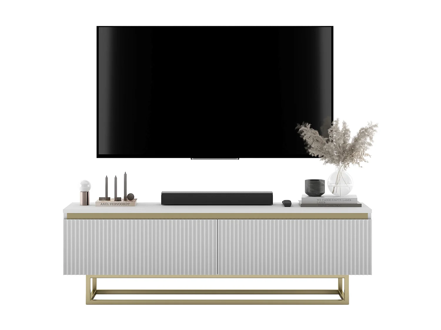 Meuble TV avec 2 portes - Corps Blanc mat, façades rainurées Blanc mat - 140 cm, Cadre en métal doré
