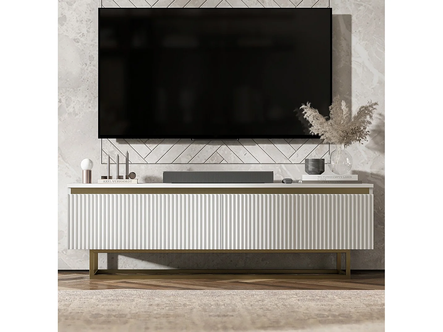 Meuble TV avec 2 portes - Corps Blanc mat, façades rainurées Blanc mat - 140 cm, Cadre en métal doré