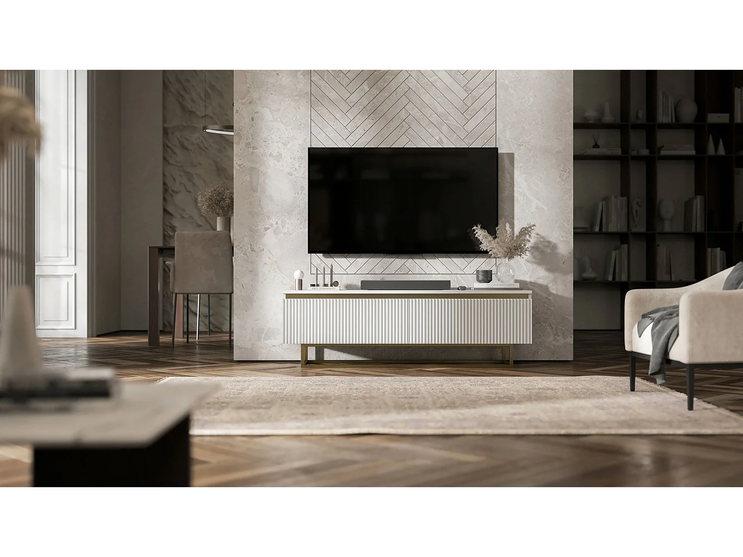 Meuble TV avec 2 portes - Corps Blanc mat, façades rainurées Blanc mat - 140 cm, Cadre en métal doré