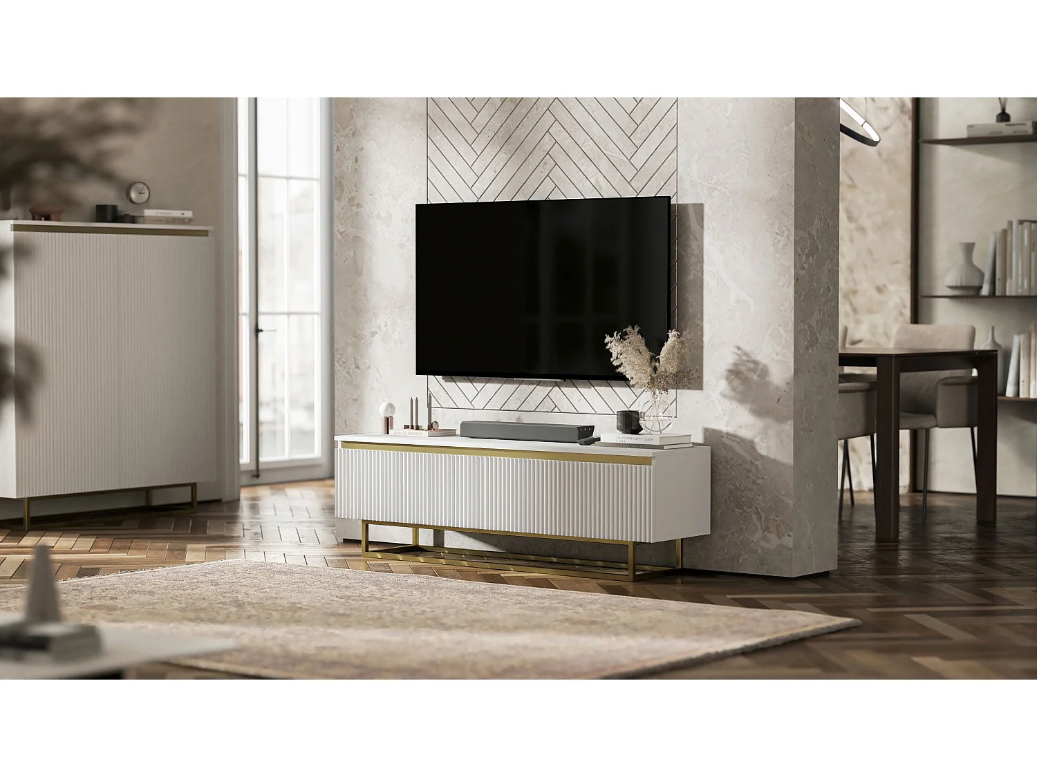 Meuble TV avec 2 portes - Corps Blanc mat, façades rainurées Blanc mat - 140 cm, Cadre en métal doré