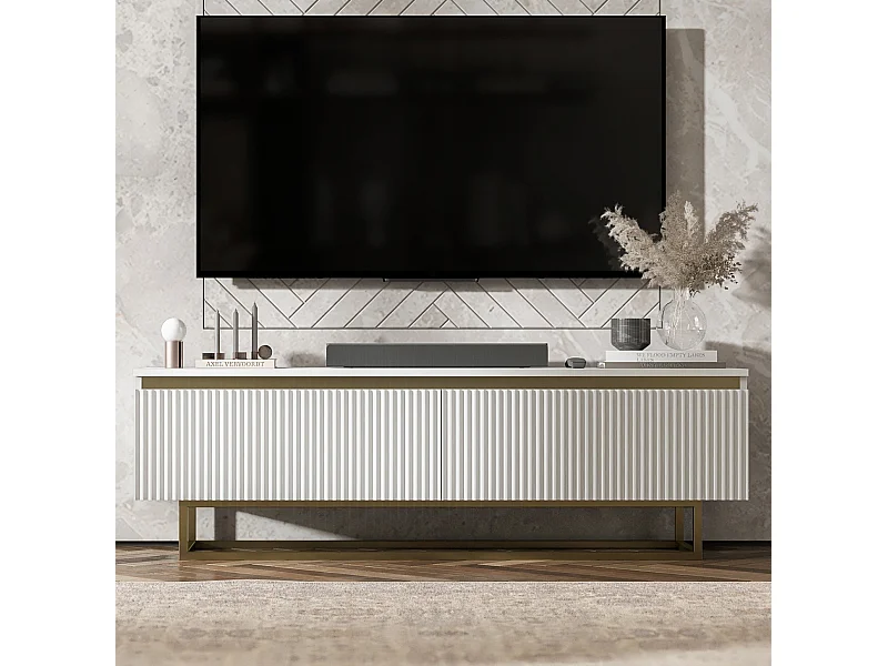 Meuble TV avec 2 portes - Corps Blanc mat, façades rainurées Blanc mat - 140 cm, Cadre en métal doré