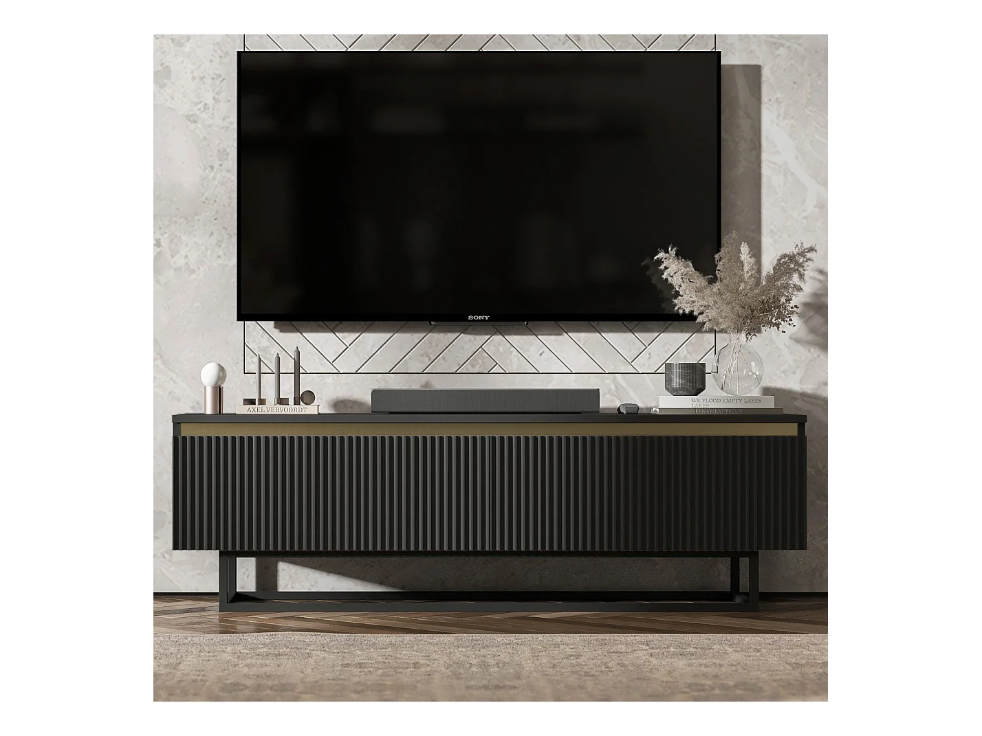 Meuble TV avec 2 portes - Corps Noir mat, façades rainurées Noir mat - 140 cm, Cadre en métal noir