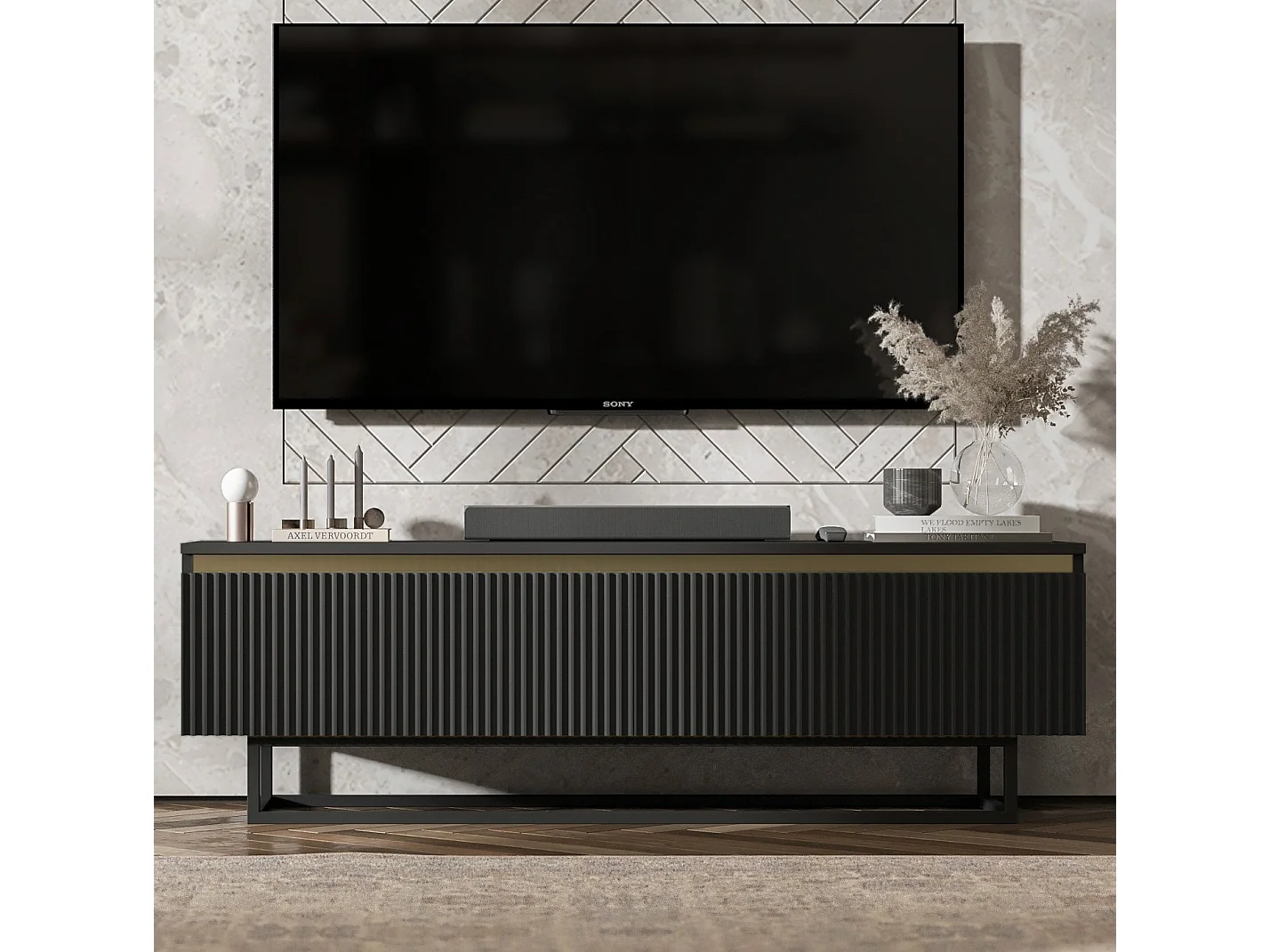 Meuble TV avec 2 portes - Corps Noir mat, façades rainurées Noir mat - 140 cm, Cadre en métal noir