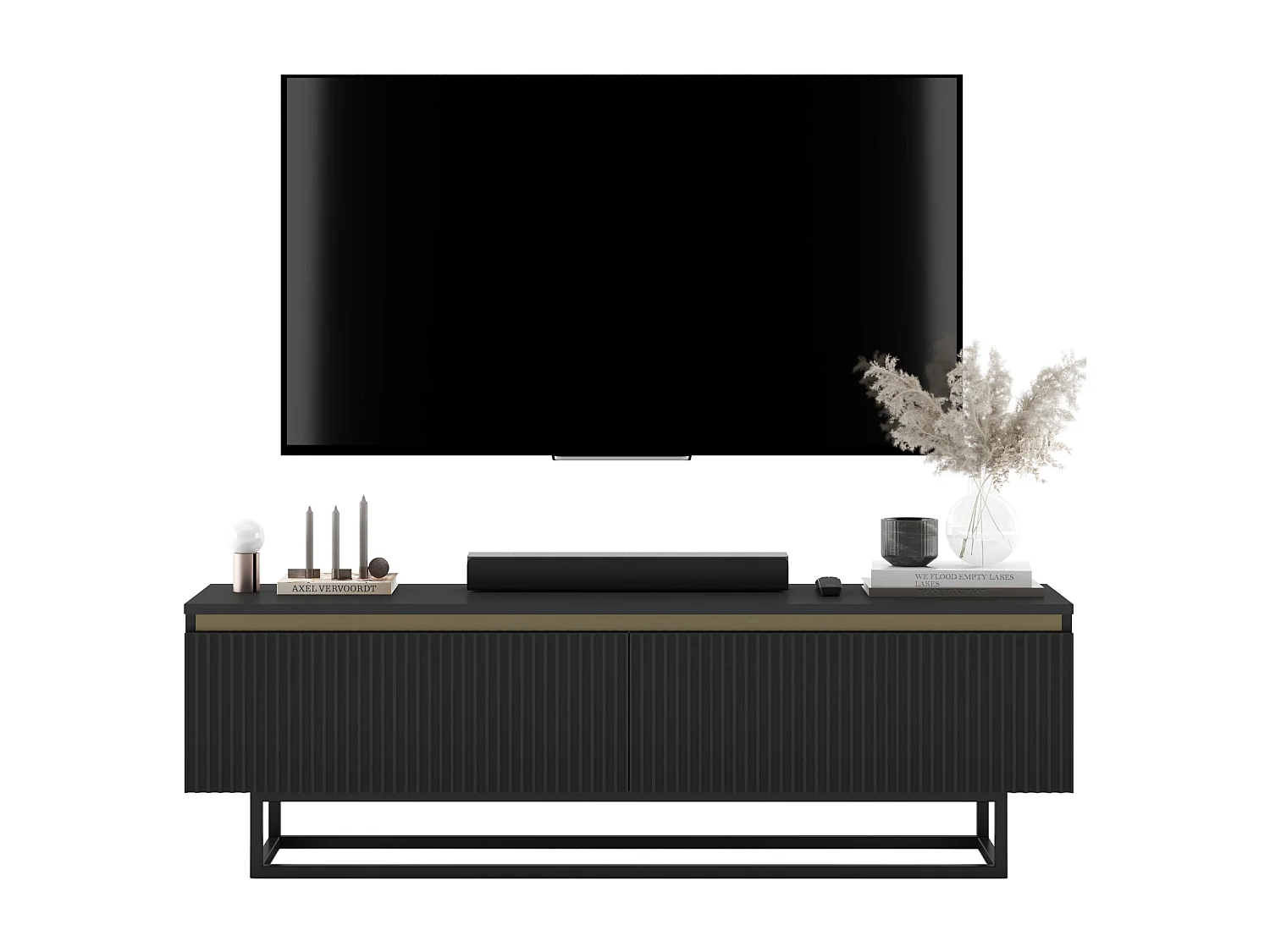 Meuble TV avec 2 portes - Corps Noir mat, façades rainurées Noir mat - 140 cm, Cadre en métal noir