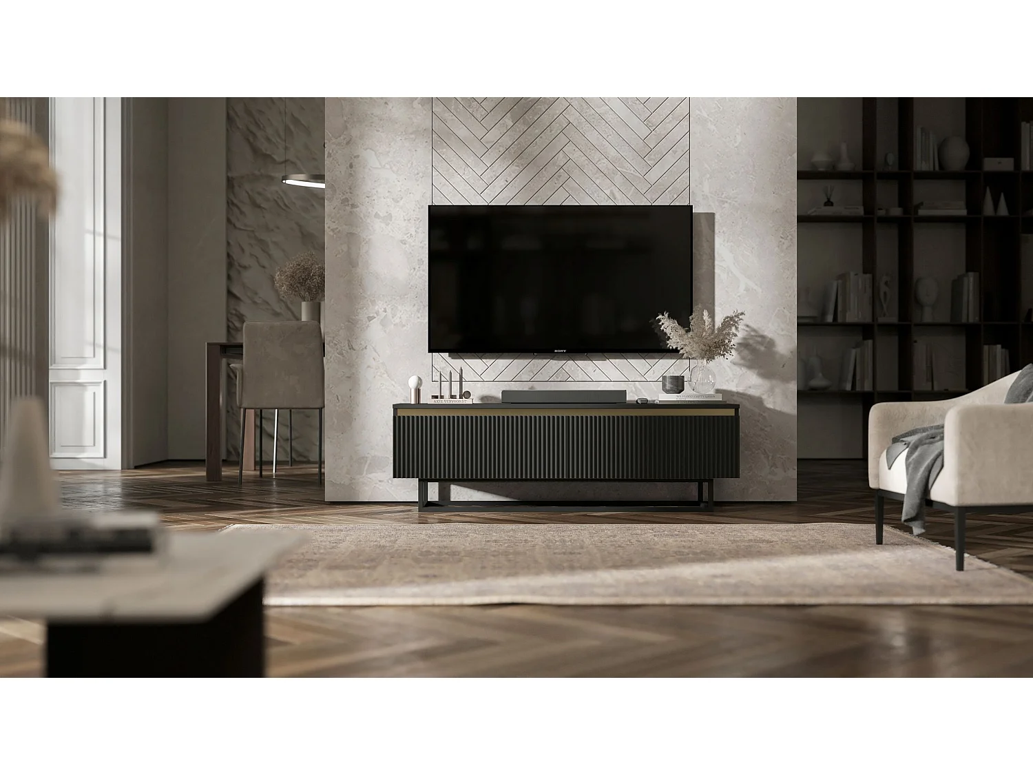 Meuble TV avec 2 portes - Corps Noir mat, façades rainurées Noir mat - 140 cm, Cadre en métal noir