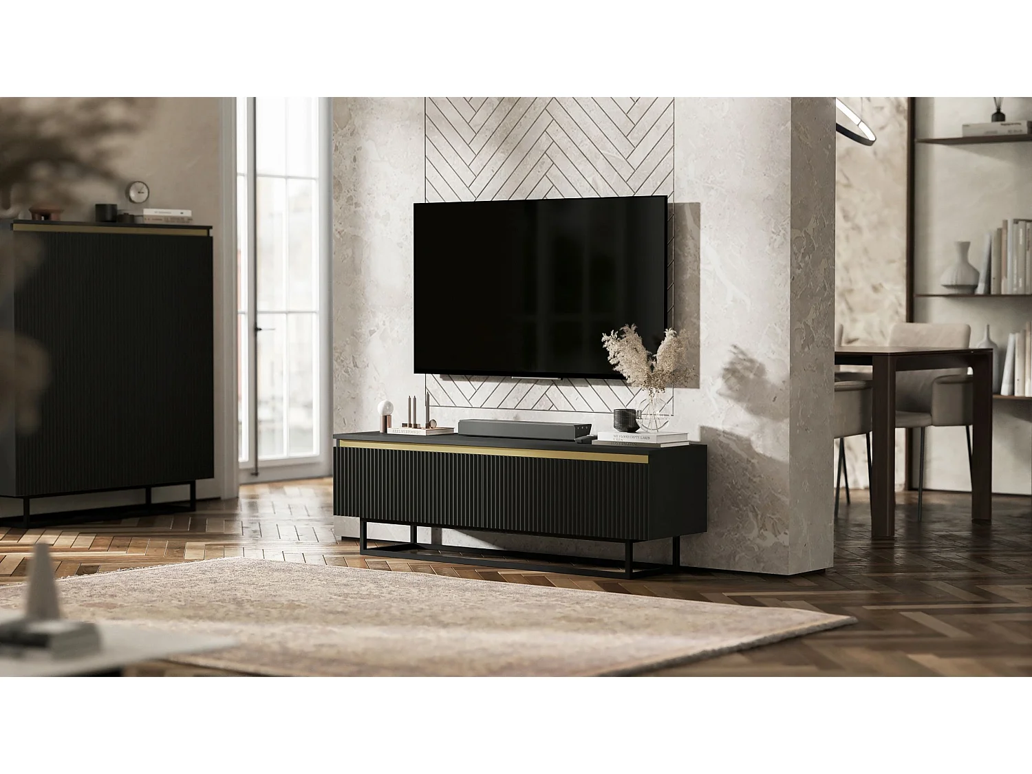 Meuble TV avec 2 portes - Corps Noir mat, façades rainurées Noir mat - 140 cm, Cadre en métal noir