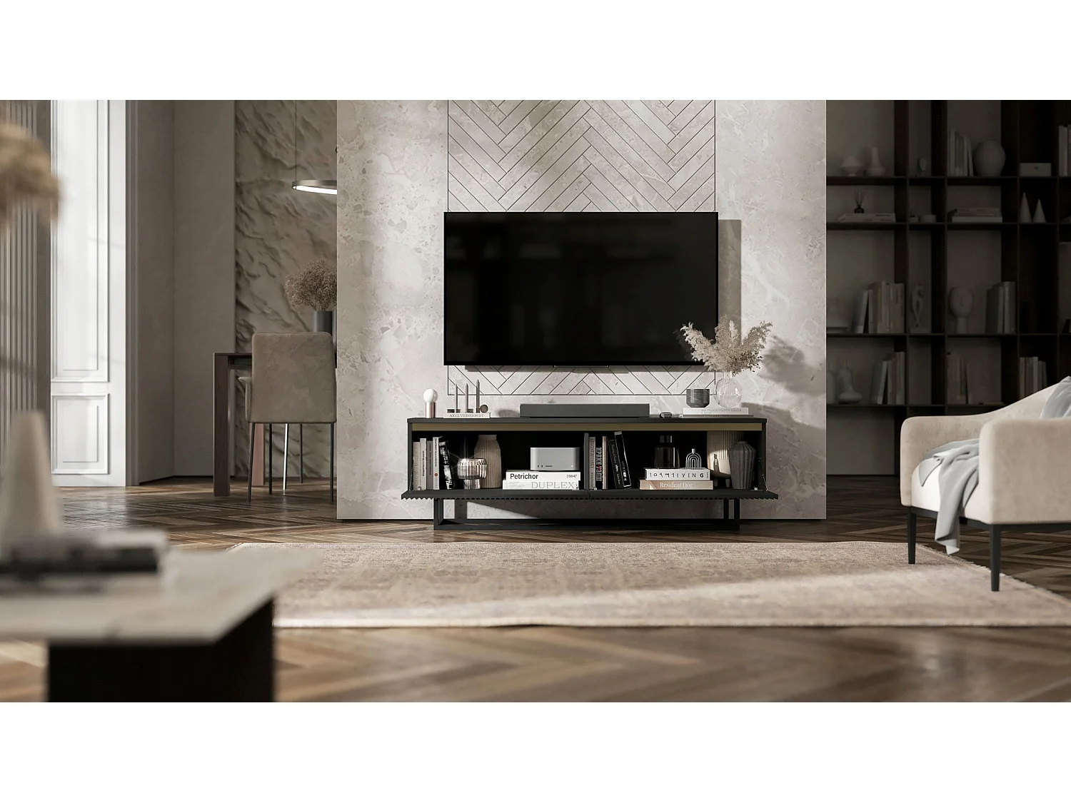 Meuble TV avec 2 portes - Corps Noir mat, façades rainurées Noir mat - 140 cm, Cadre en métal noir