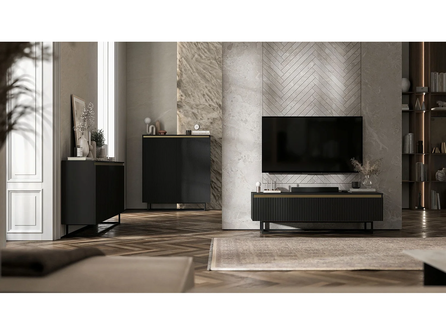 Meuble TV avec 2 portes - Corps Noir mat, façades rainurées Noir mat - 140 cm, Cadre en métal noir