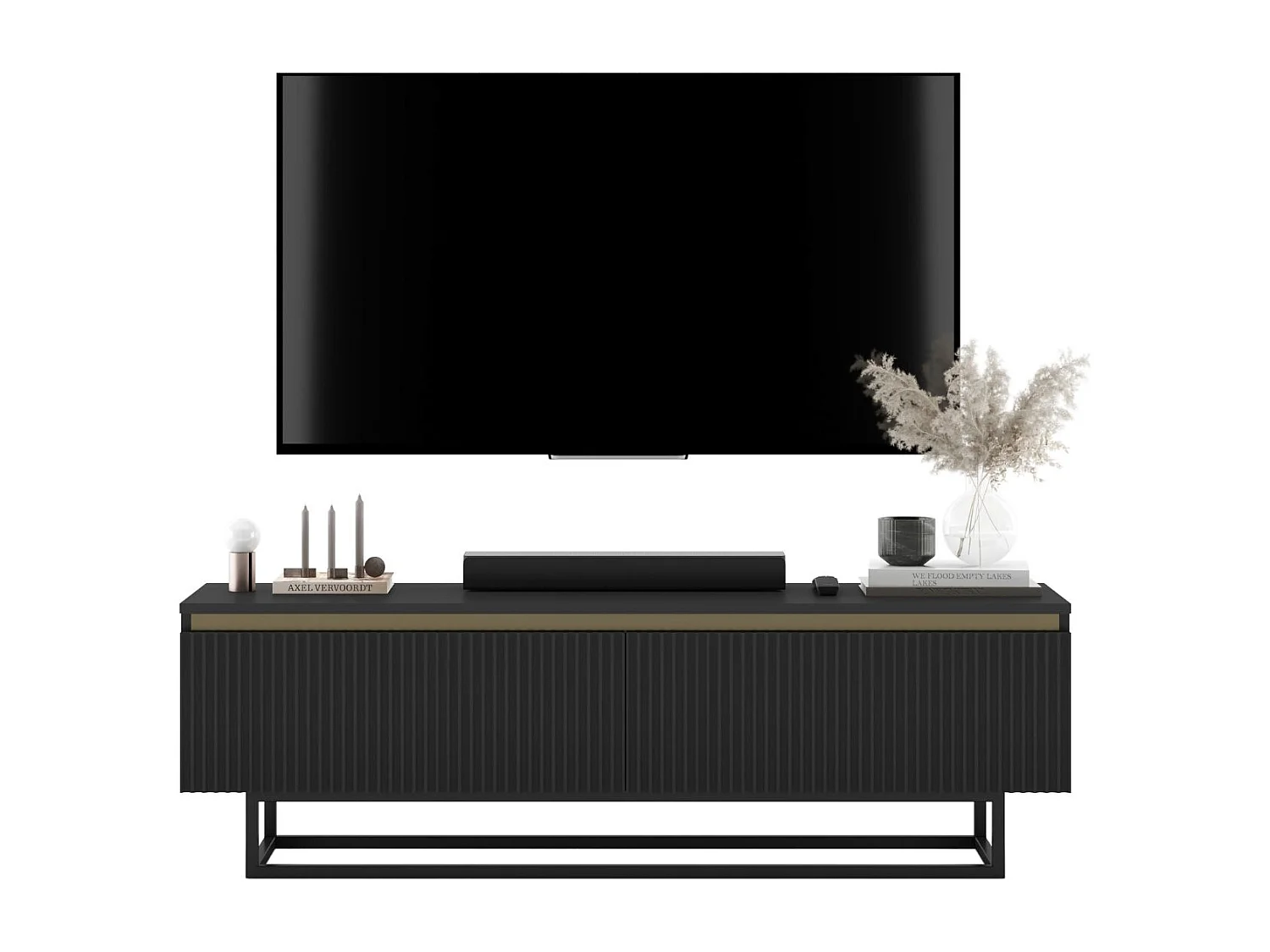 Meuble TV avec 2 portes - Corps Noir mat, façades rainurées Noir mat - 140 cm, Cadre en métal noir