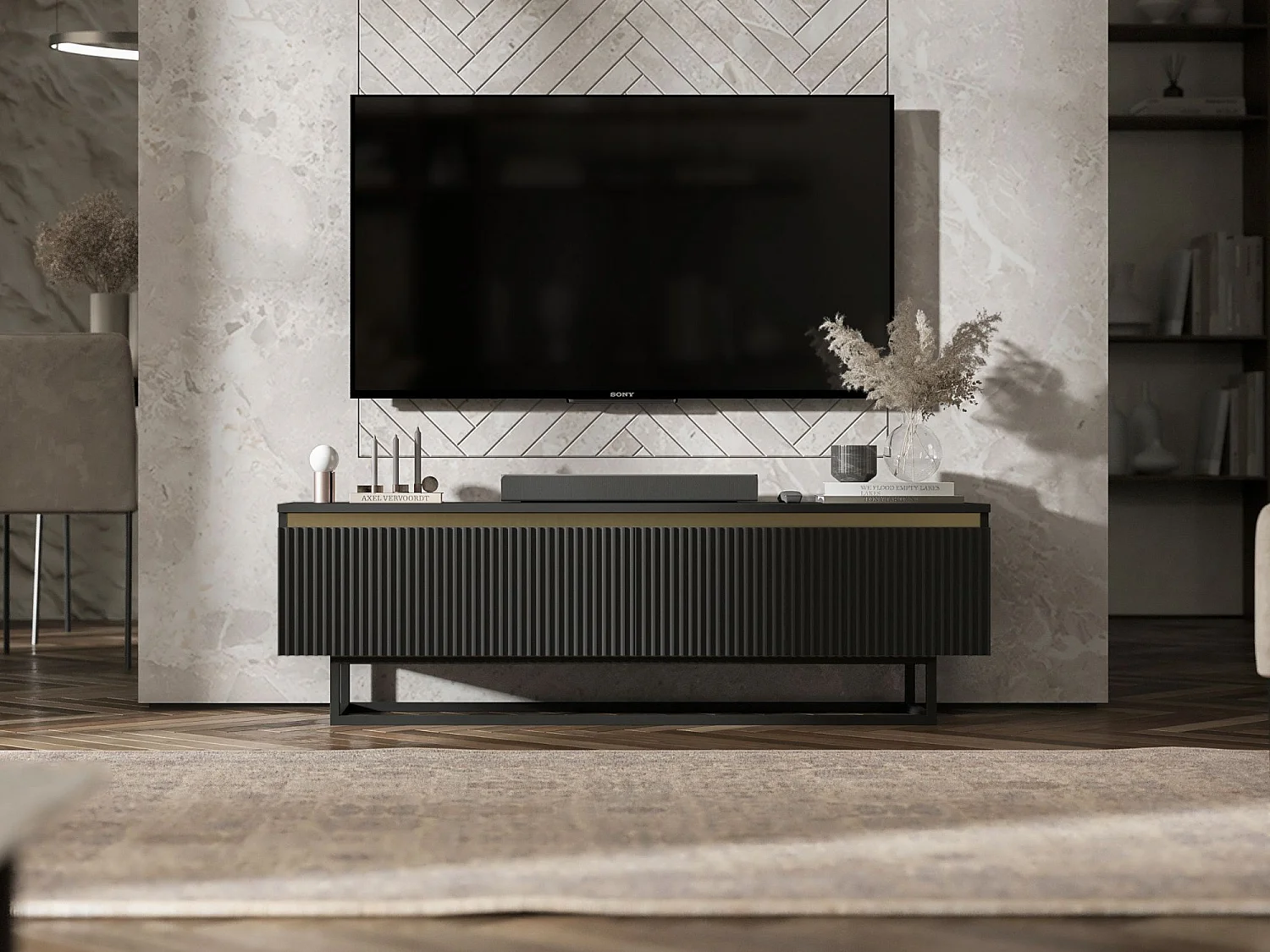 Meuble TV avec 2 portes - Corps Noir mat, façades rainurées Noir mat - 140 cm, Cadre en métal noir