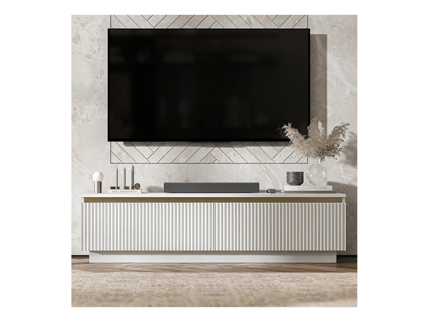 Meuble TV avec 2 portes - Corps Blanc mat, façades rainurées Blanc mat - 140 cm, sur socle