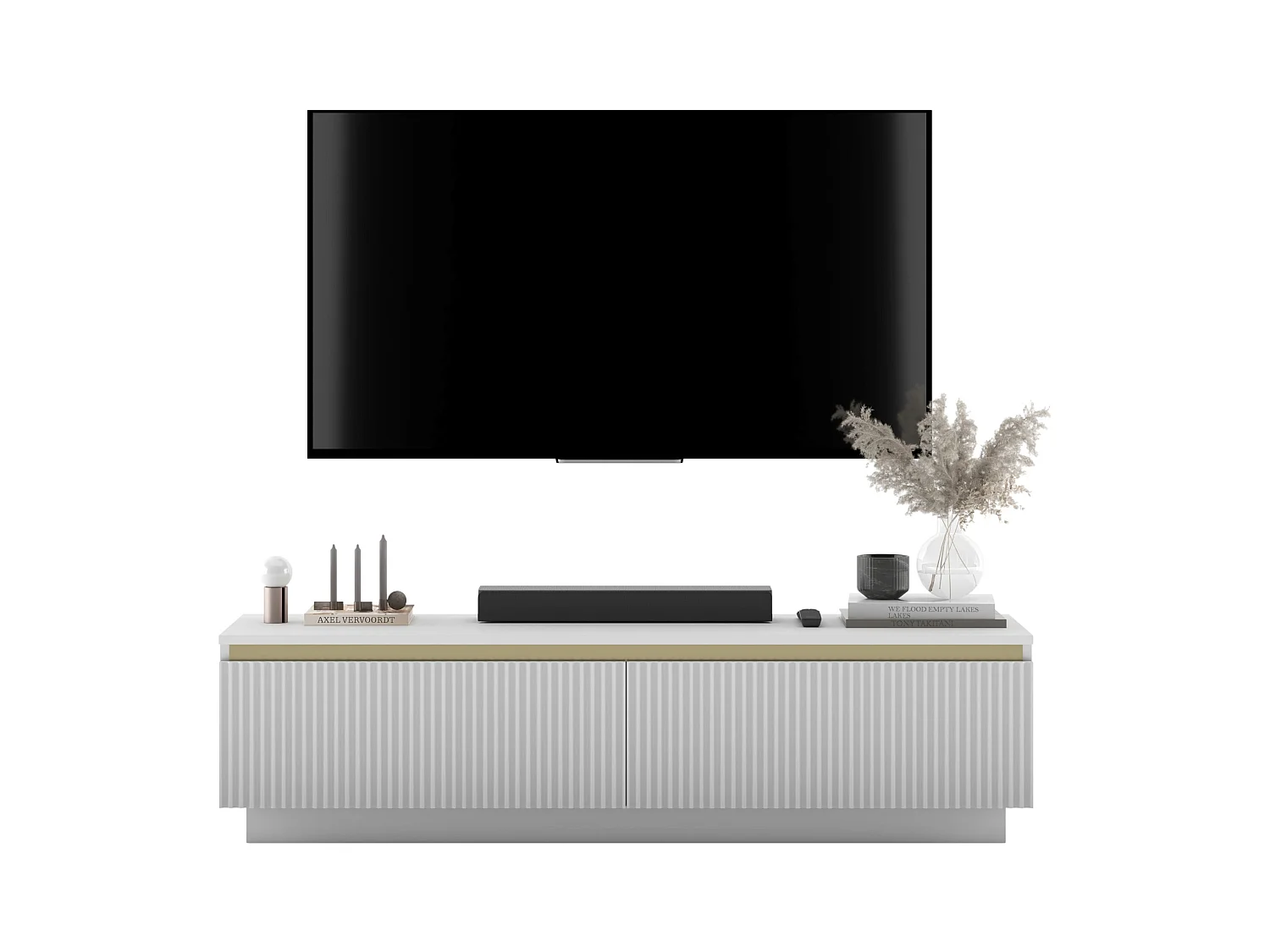 Meuble TV avec 2 portes - Corps Blanc mat, façades rainurées Blanc mat - 140 cm, sur socle