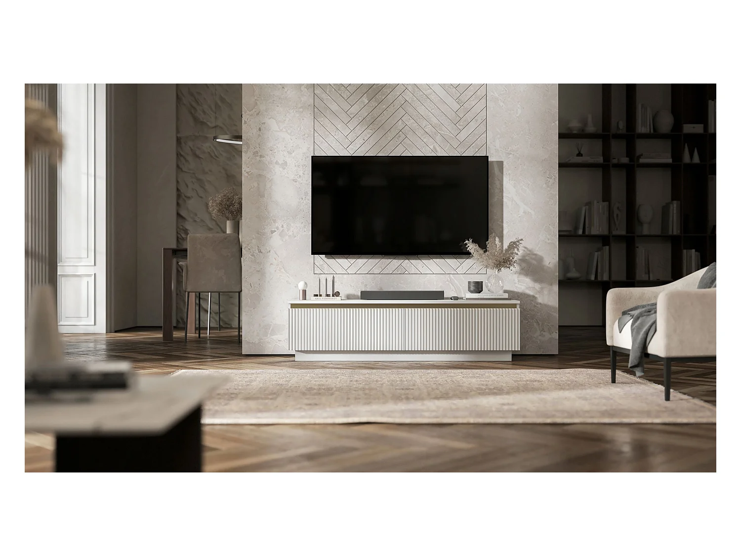 Meuble TV avec 2 portes - Corps Blanc mat, façades rainurées Blanc mat - 140 cm, sur socle