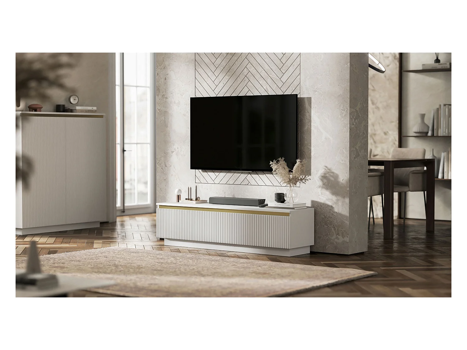 Meuble TV avec 2 portes - Corps Blanc mat, façades rainurées Blanc mat - 140 cm, sur socle
