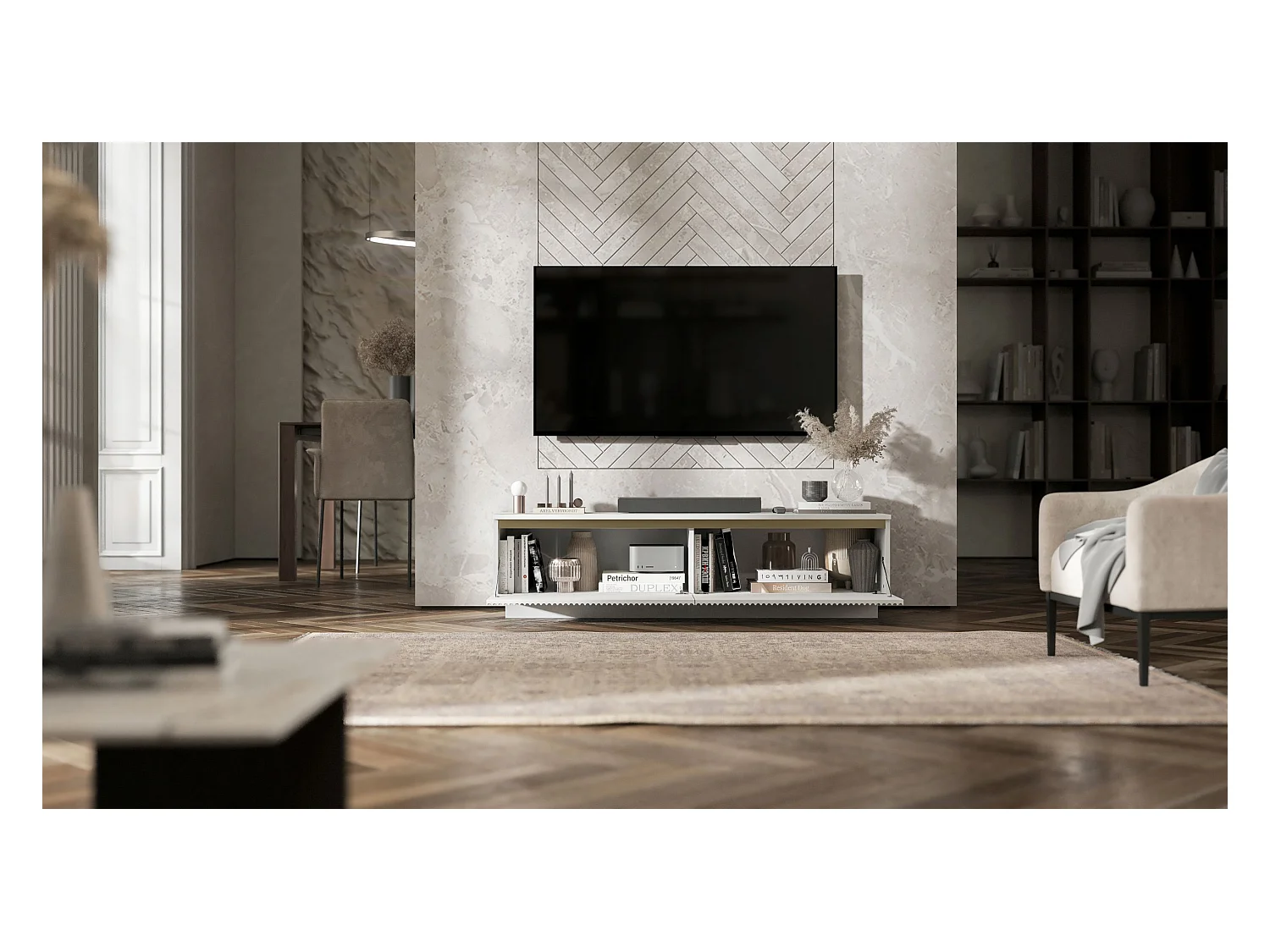 Meuble TV avec 2 portes - Corps Blanc mat, façades rainurées Blanc mat - 140 cm, sur socle