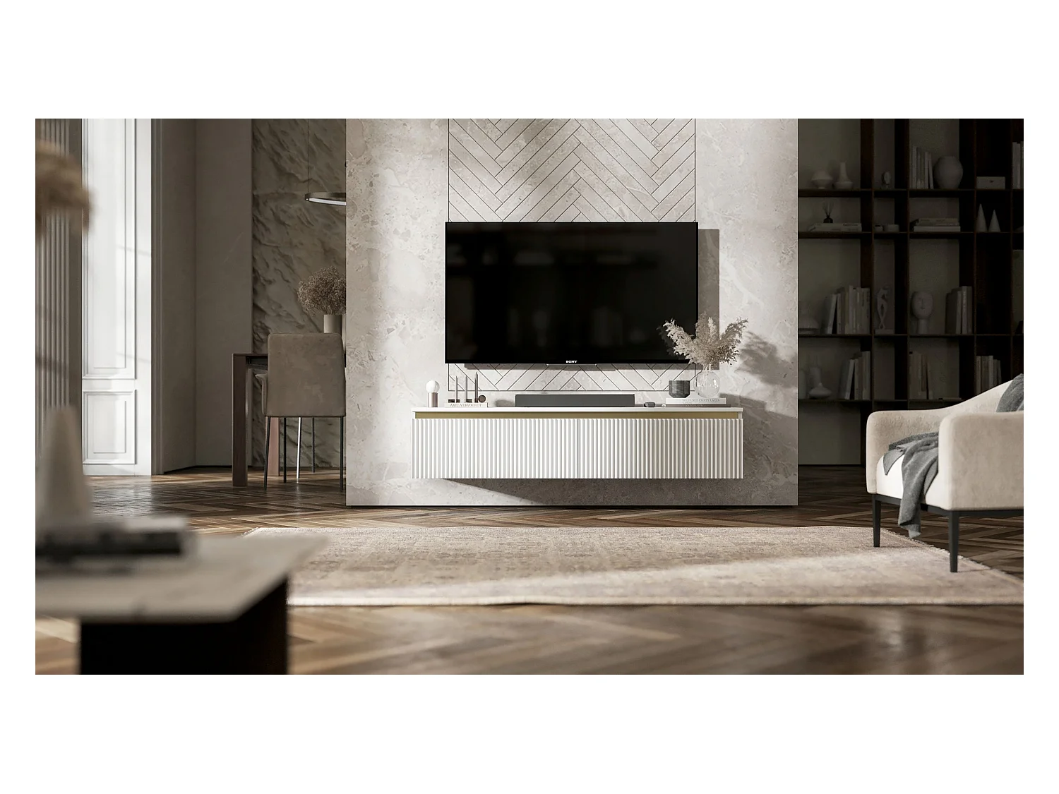 Meuble TV avec 2 portes - Corps Blanc mat, façades rainurées Blanc mat - 140 cm, sur socle