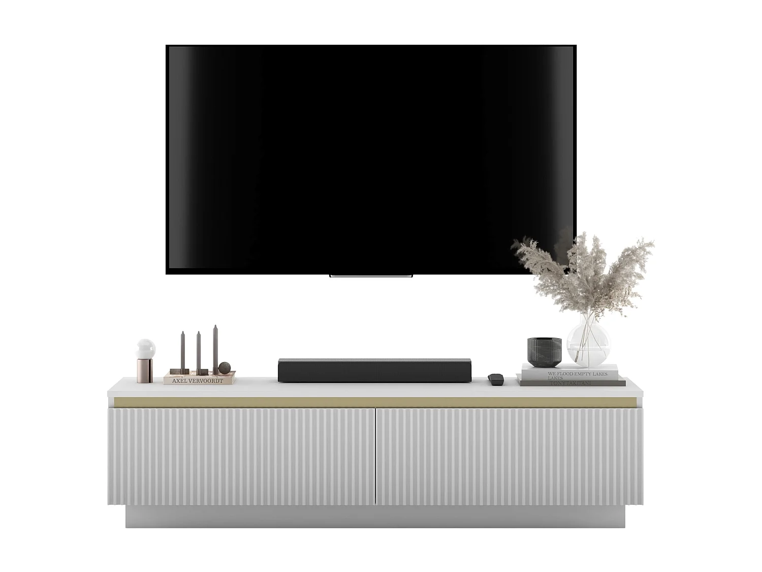 Meuble TV avec 2 portes - Corps Blanc mat, façades rainurées Blanc mat - 140 cm, sur socle