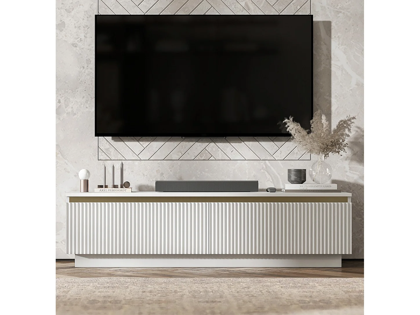 Meuble TV avec 2 portes - Corps Blanc mat, façades rainurées Blanc mat - 140 cm, sur socle