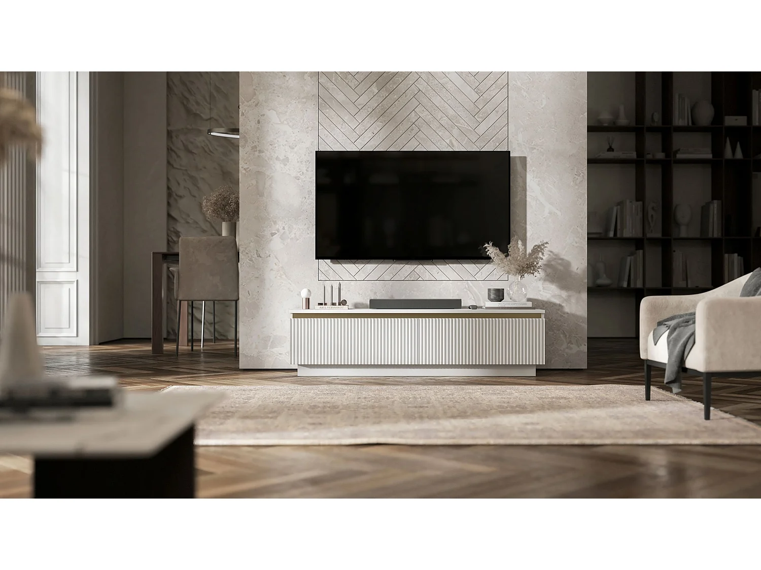Meuble TV avec 2 portes - Corps Blanc mat, façades rainurées Blanc mat - 140 cm, sur socle